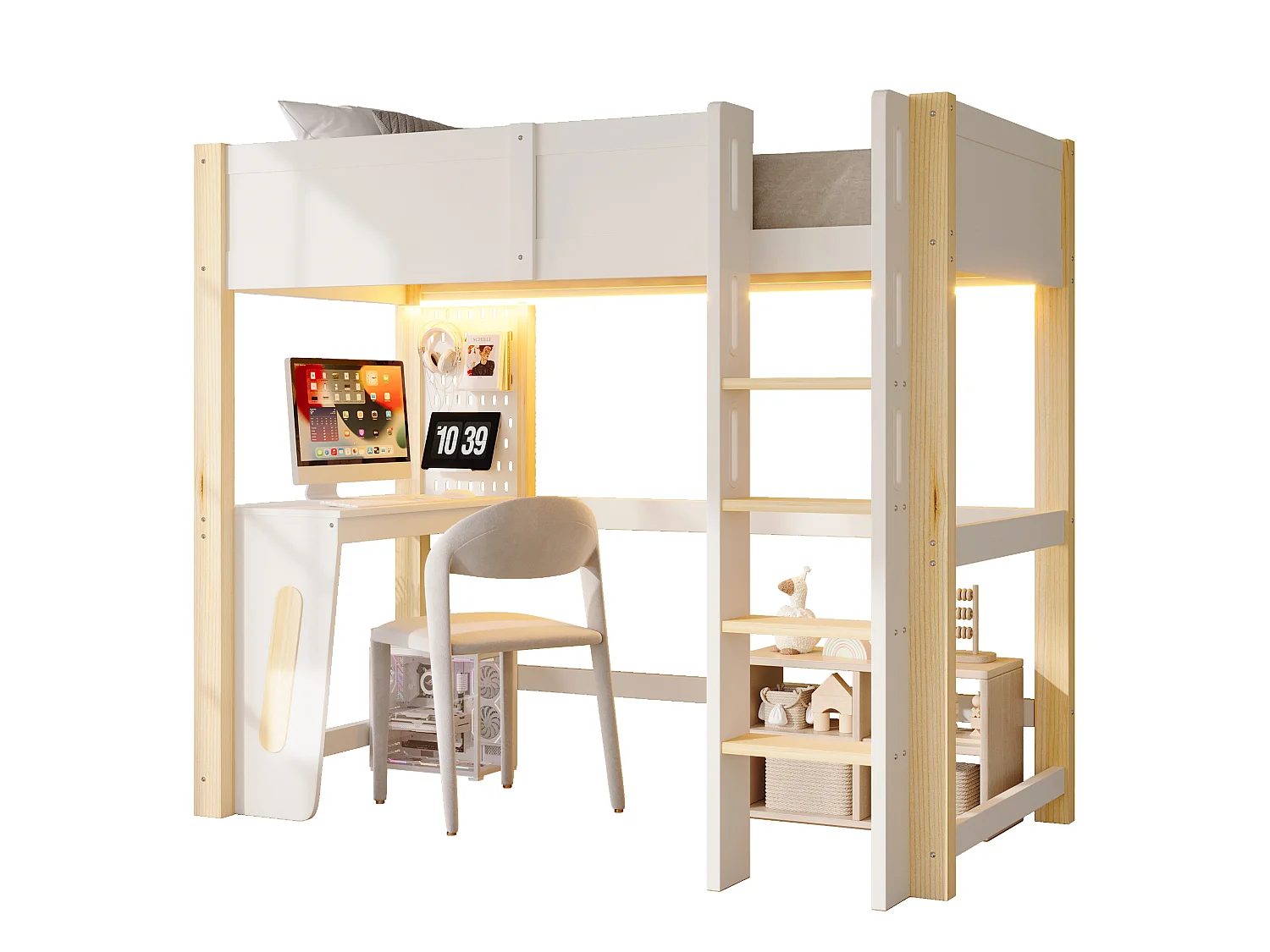 Lit mezzanine 90 x 200 cm - avec table - avec étagère murale - avec éclairage LED - blanc(matelas non inclus)