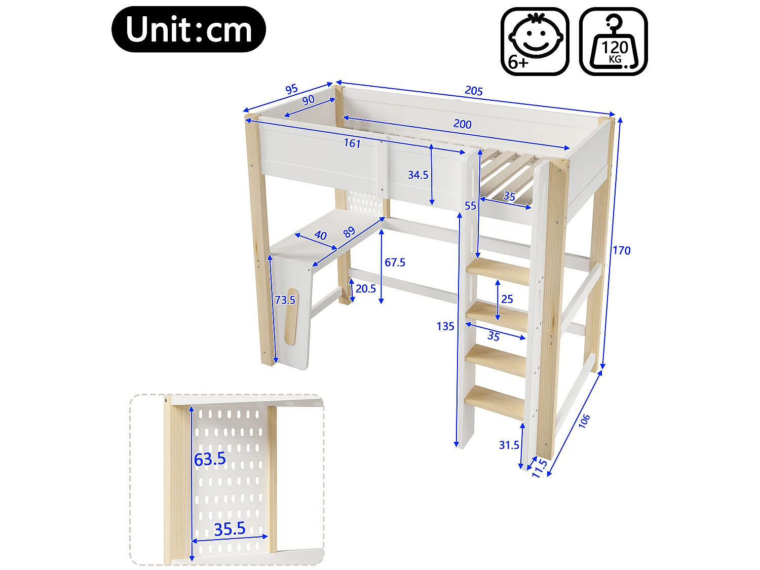 Lit mezzanine 90 x 200 cm - avec table - avec étagère murale - avec éclairage LED - blanc(matelas non inclus)