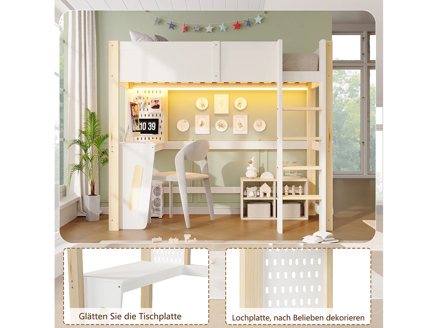 Lit mezzanine 90 x 200 cm - avec table - avec étagère murale - avec éclairage LED - blanc(matelas non inclus)