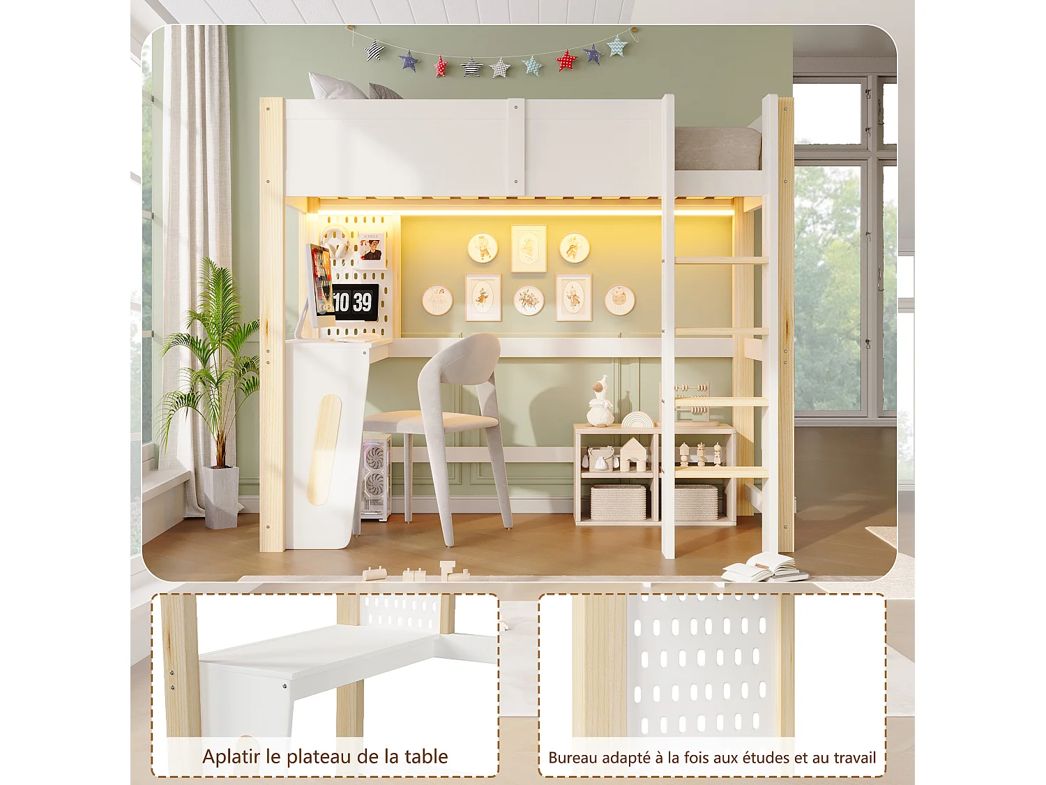 Lit mezzanine 90 x 200 cm - avec table - avec étagère murale - avec éclairage LED - blanc(matelas non inclus)