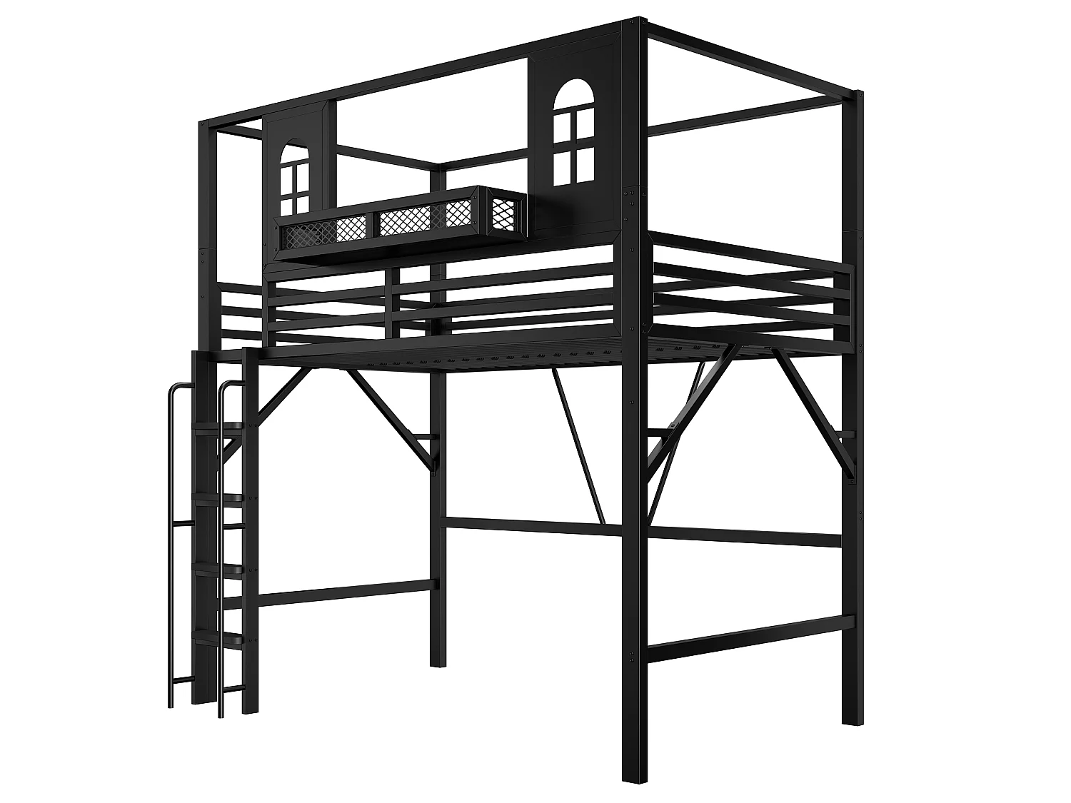 Łóżko antresola dla dziecka, 90 x 200 cm - z drabinką bezpieczeństwa - z miejscem do przechowywania - czarne (materac nie wchodzi w skład)