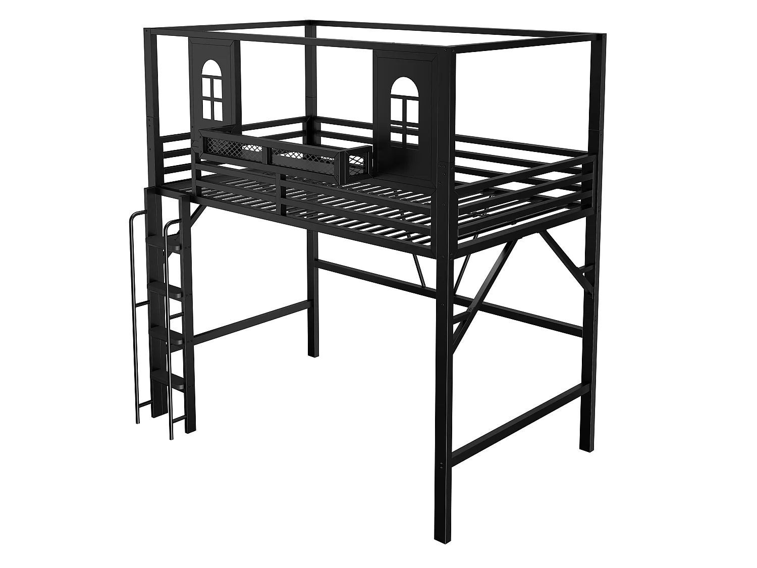 Łóżko antresola dla dziecka, 90 x 200 cm - z drabinką bezpieczeństwa - z miejscem do przechowywania - czarne (materac nie wchodzi w skład)