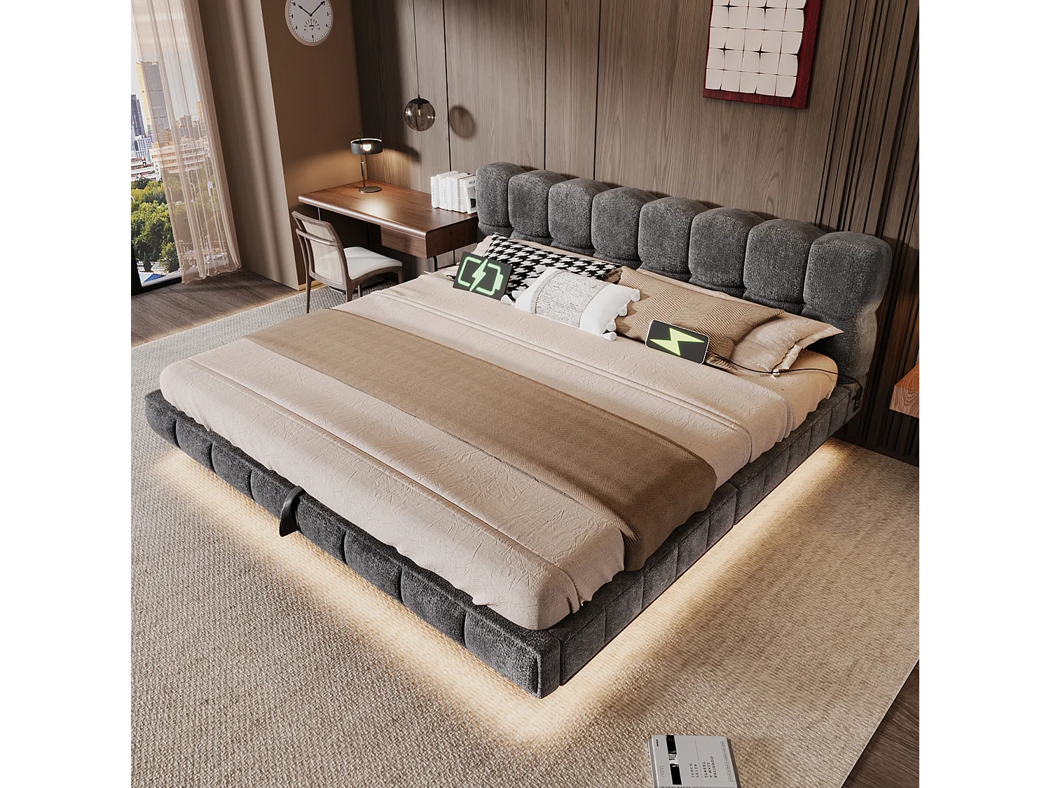 Bedbox gestoffeerd 180x200cm - met LED-verlichting en USB-poort - zwevend design - chenillestof - Grijs (zonder matras)