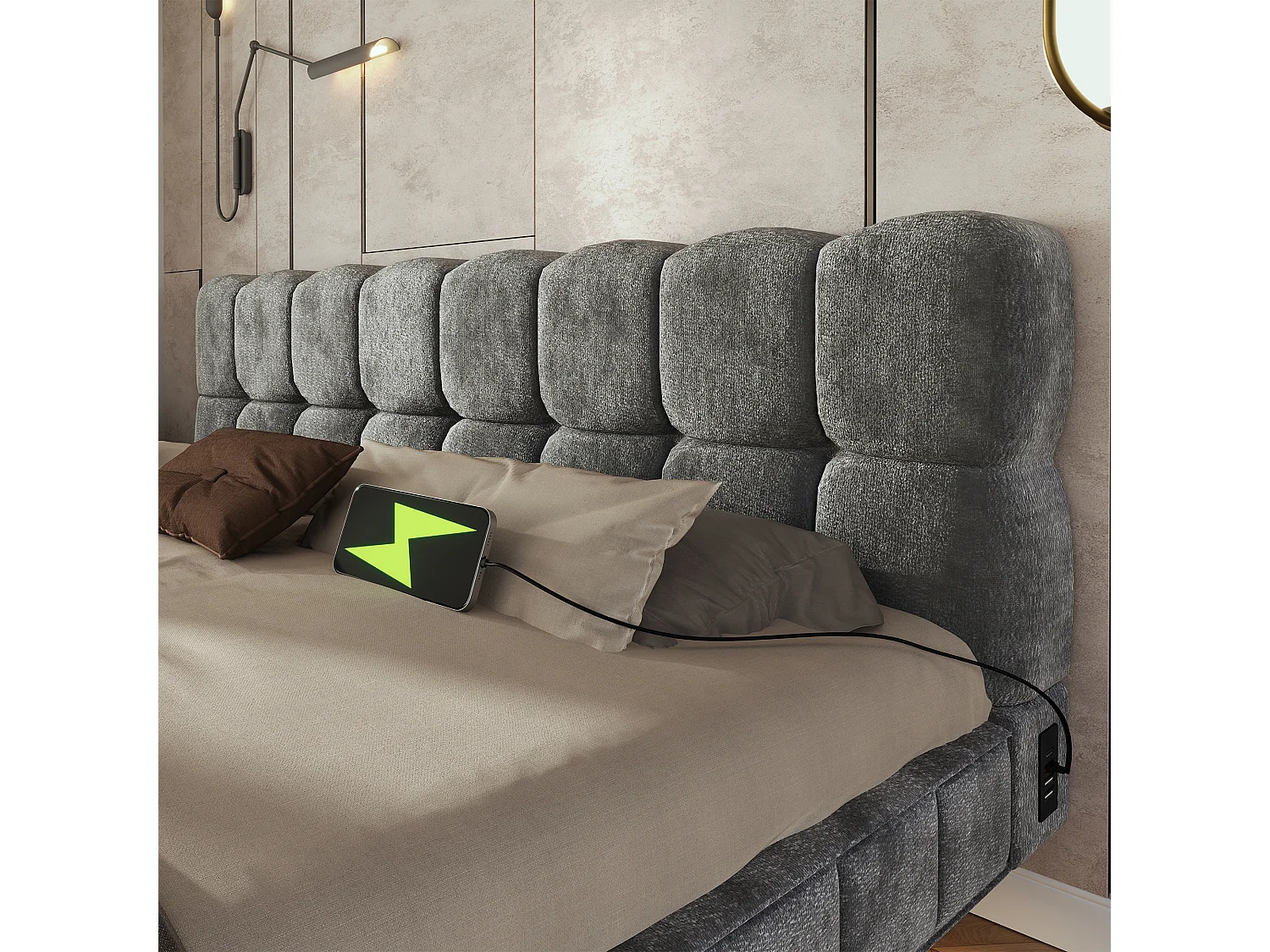 Bedbox gestoffeerd 180x200cm - met LED-verlichting en USB-poort - zwevend design - chenillestof - Grijs (zonder matras)