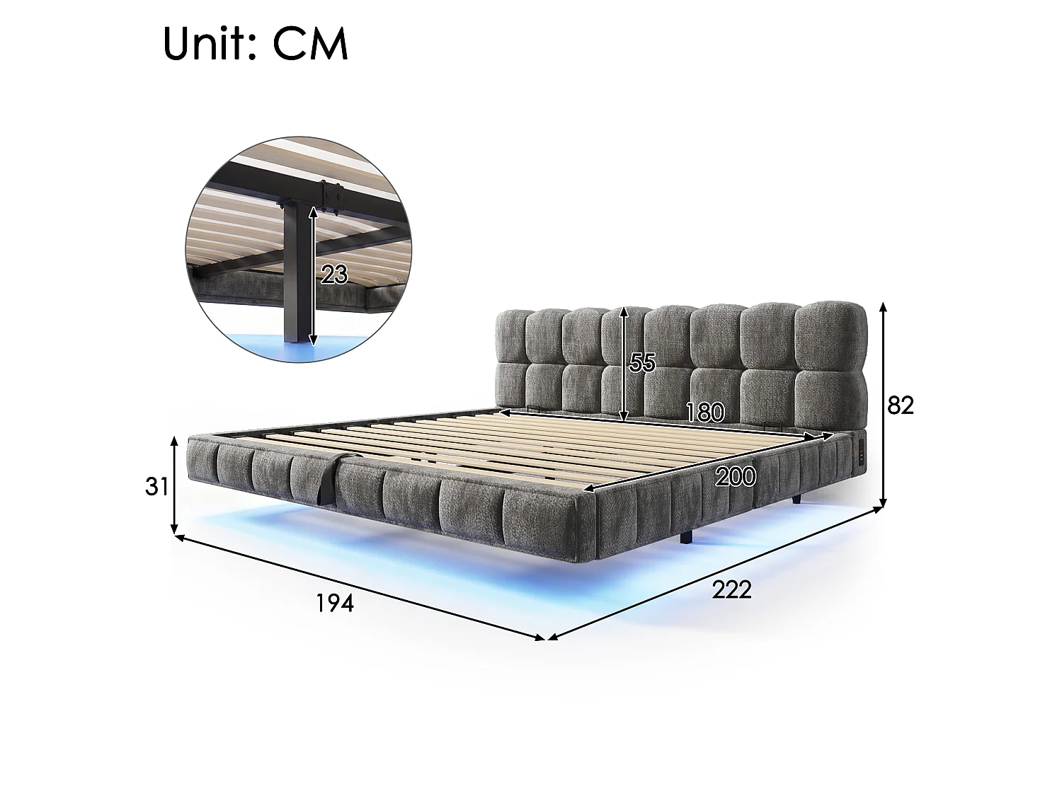 Bedbox gestoffeerd 180x200cm - met LED-verlichting en USB-poort - zwevend design - chenillestof - Grijs (zonder matras)
