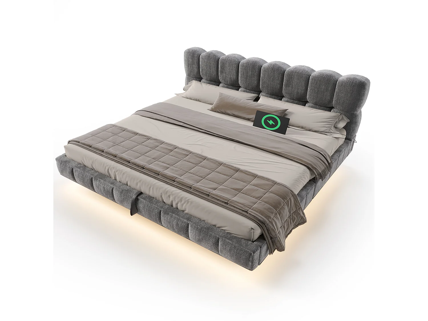 Bedbox gestoffeerd 180x200cm - met LED-verlichting en USB-poort - zwevend design - chenillestof - Grijs (zonder matras)