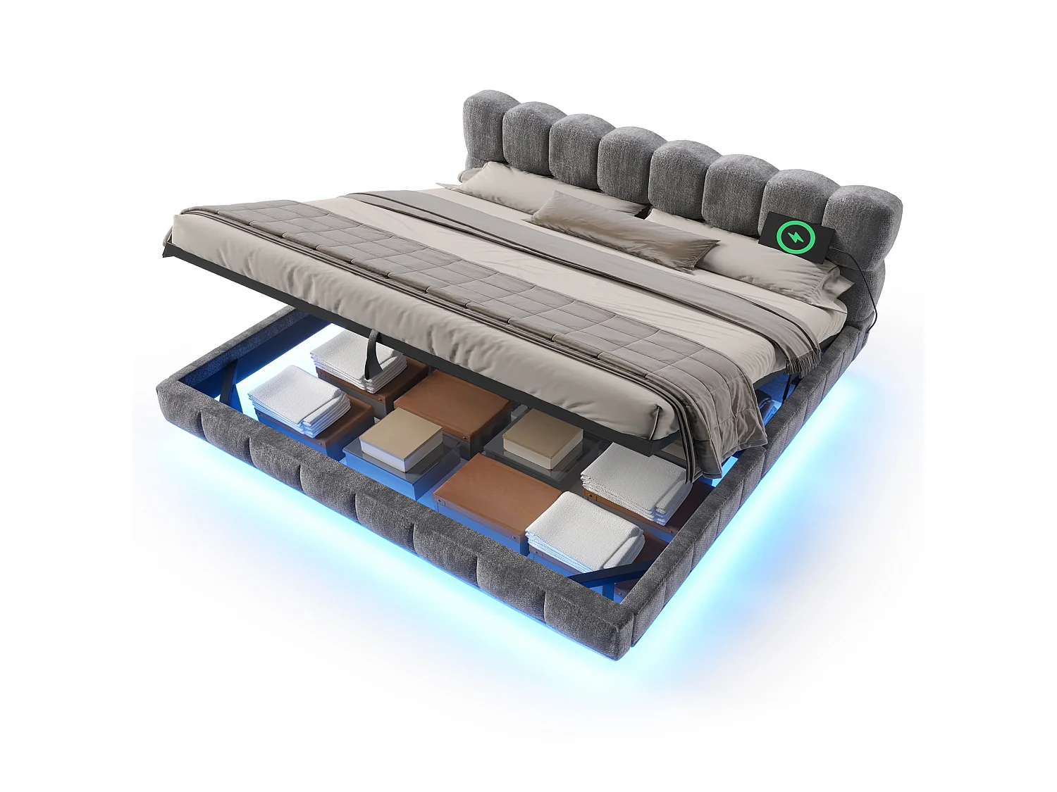 Bedbox gestoffeerd 180x200cm - met LED-verlichting en USB-poort - zwevend design - chenillestof - Grijs (zonder matras)
