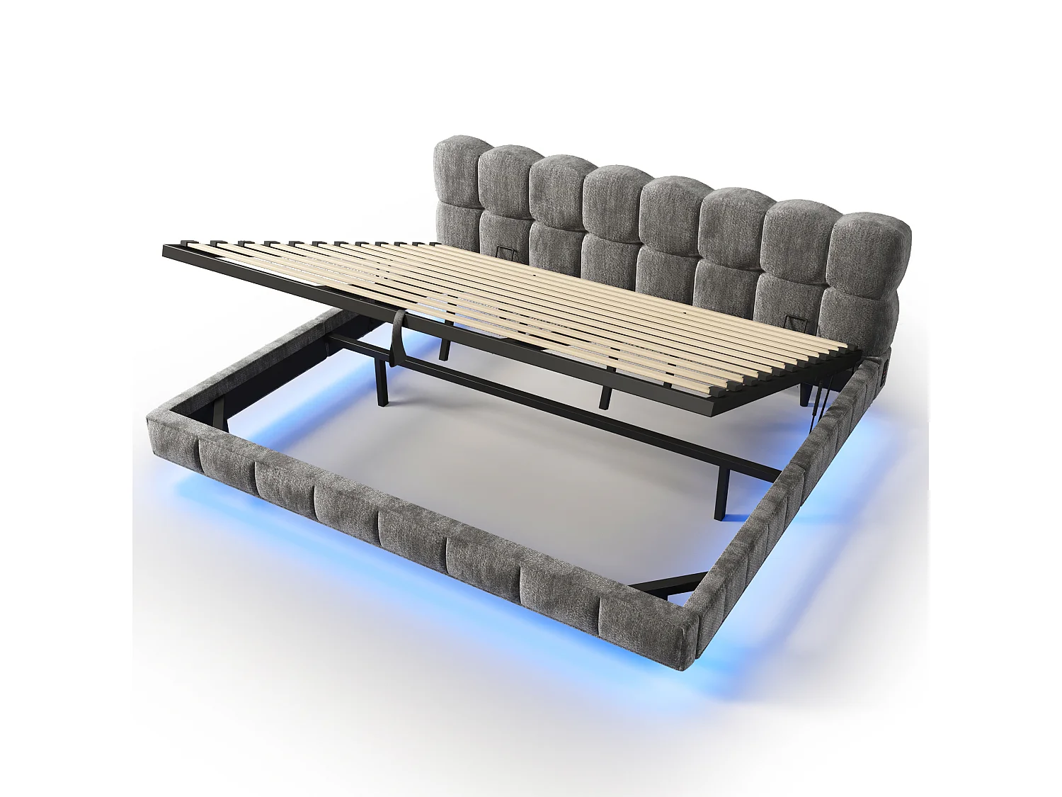 Bedbox gestoffeerd 180x200cm - met LED-verlichting en USB-poort - zwevend design - chenillestof - Grijs (zonder matras)