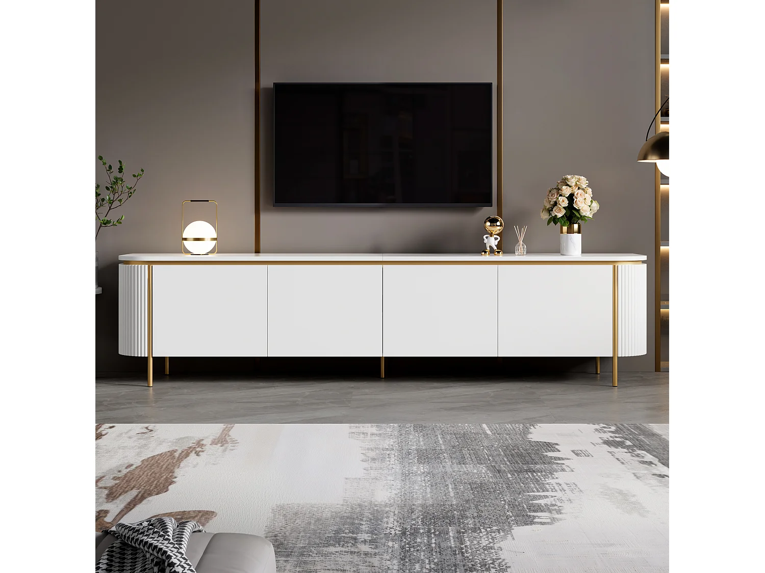 Moderne TV-møbel 180 x 38 x 46 cm - Med 6 døre - Ben i jern - Afrundede kanter - Kabelstyring - MDF - Hvid
