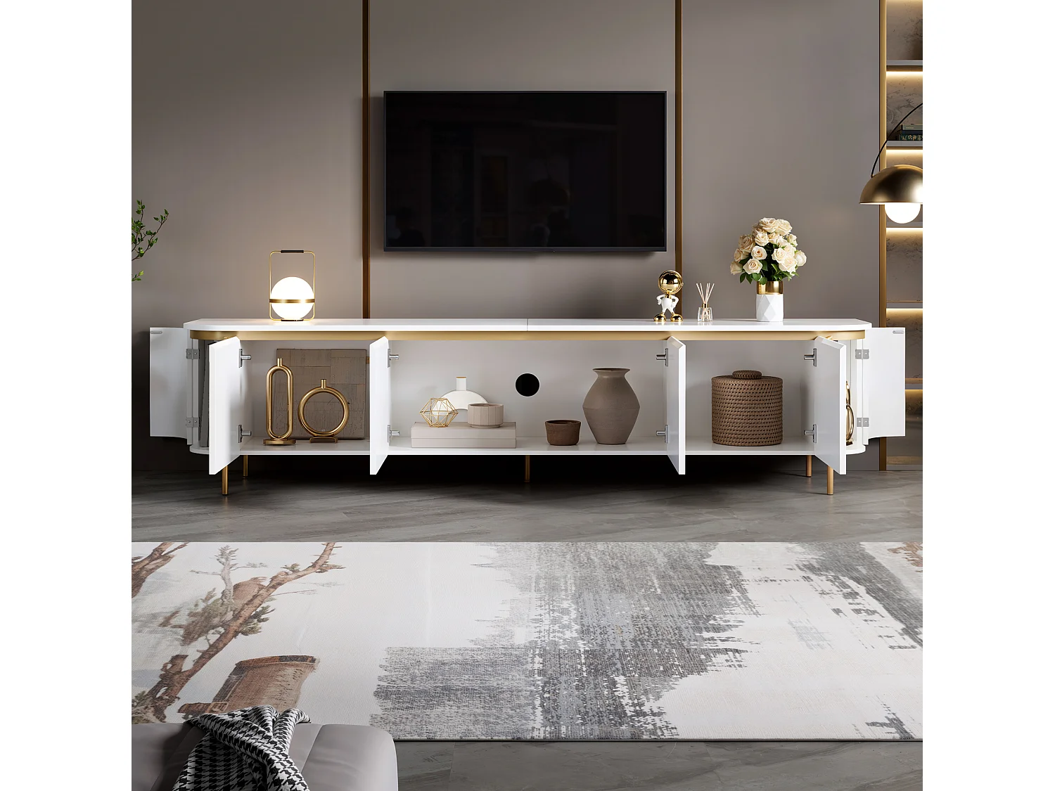 Moderne TV-møbel 180 x 38 x 46 cm - Med 6 døre - Ben i jern - Afrundede kanter - Kabelstyring - MDF - Hvid