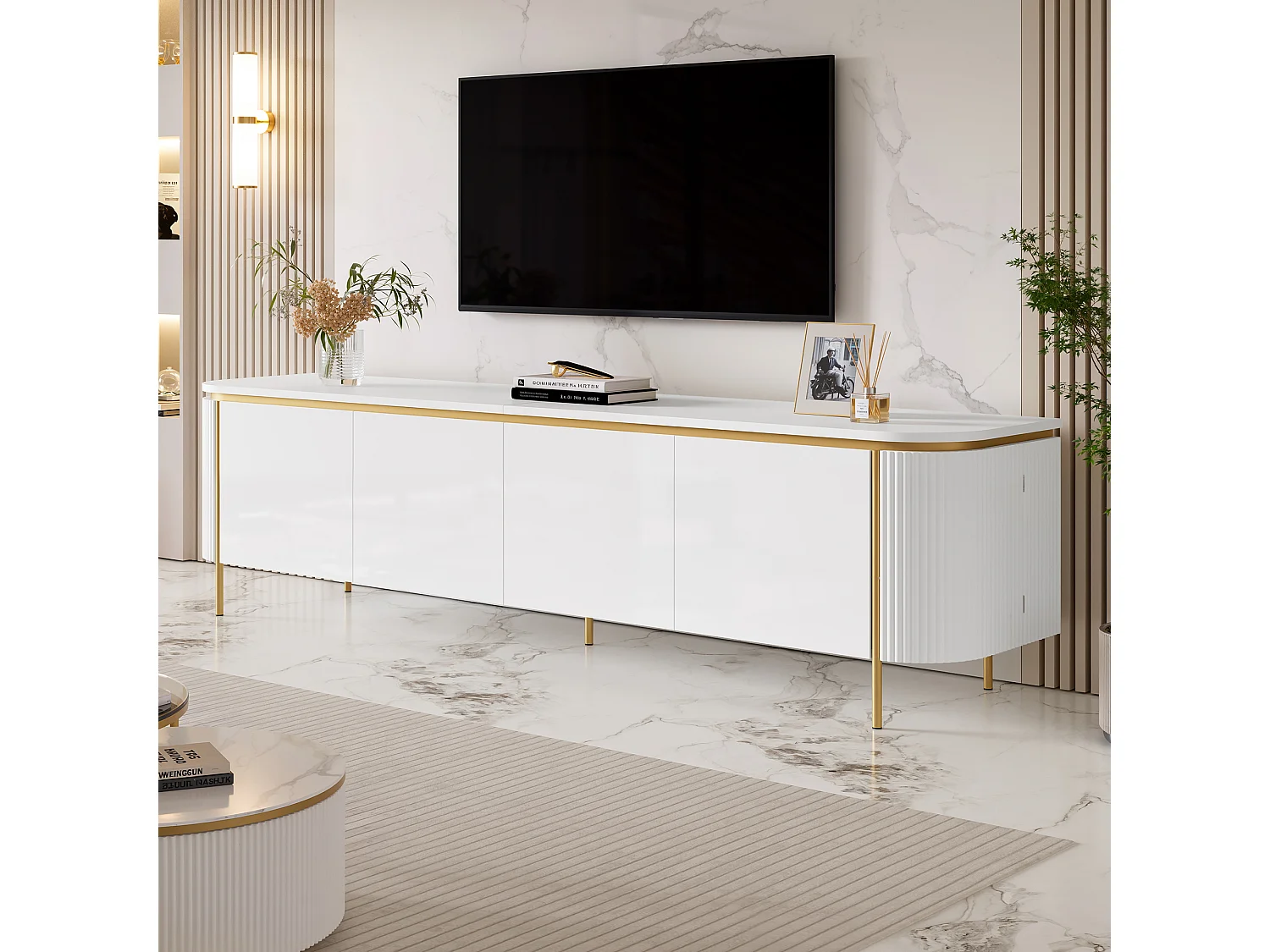 Moderne TV-møbel 180 x 38 x 46 cm - Med 6 døre - Ben i jern - Afrundede kanter - Kabelstyring - MDF - Hvid