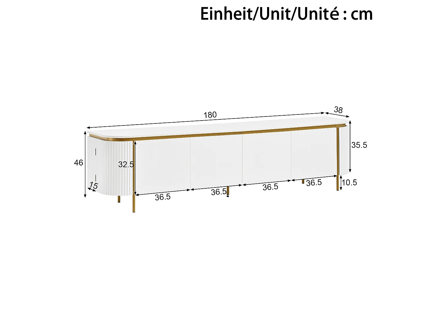 Moderne TV-møbel 180 x 38 x 46 cm - Med 6 døre - Ben i jern - Afrundede kanter - Kabelstyring - MDF - Hvid