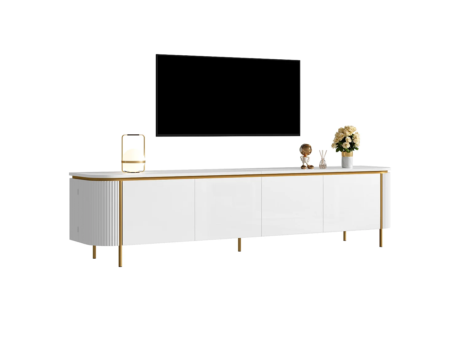 Moderne TV-møbel 180 x 38 x 46 cm - Med 6 døre - Ben i jern - Afrundede kanter - Kabelstyring - MDF - Hvid