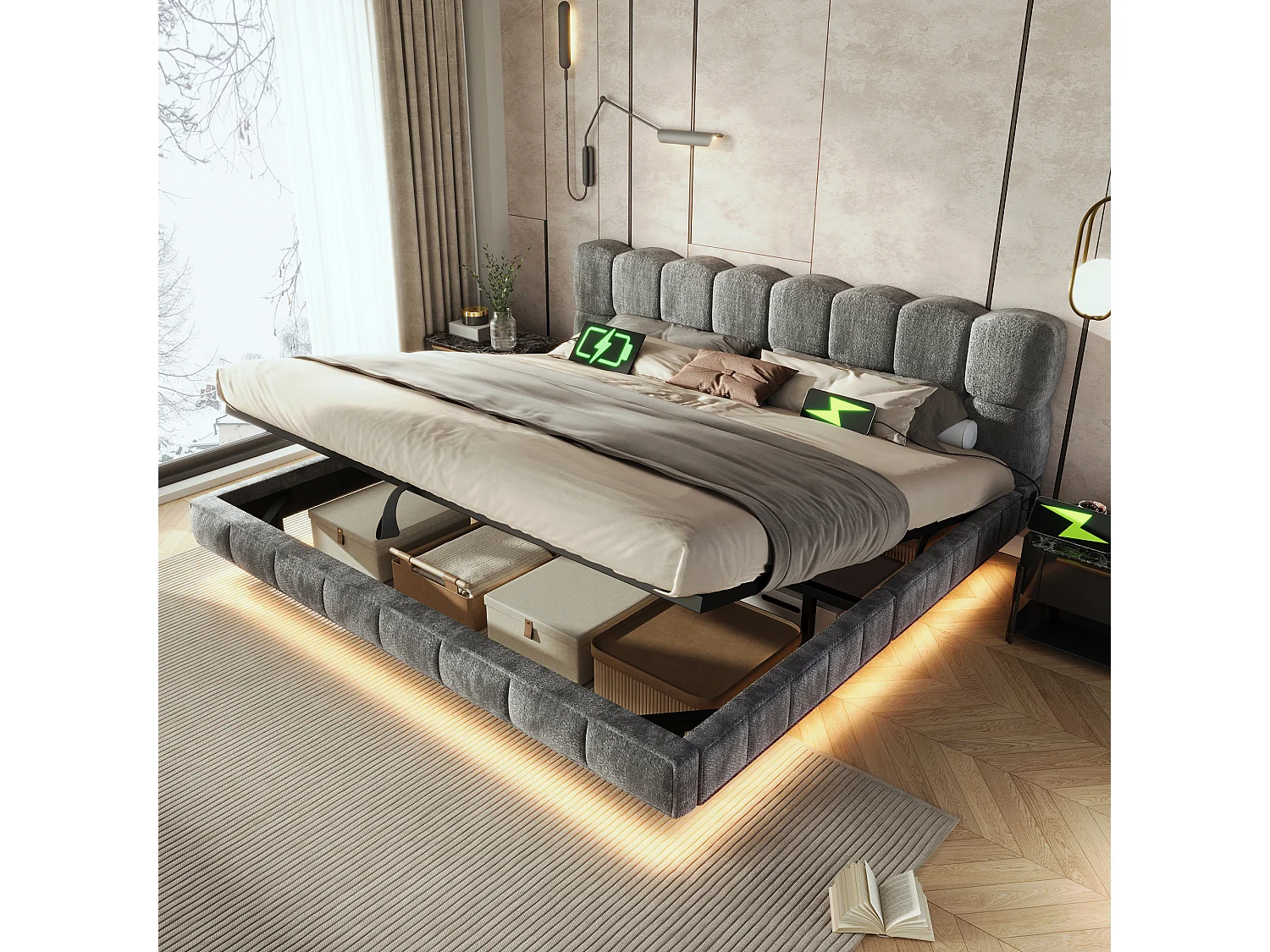 Lit coffre rembourré 160x200cm - avec lumière LED et port USB - design flottant - tissu chenille - Gris (sans matelas)