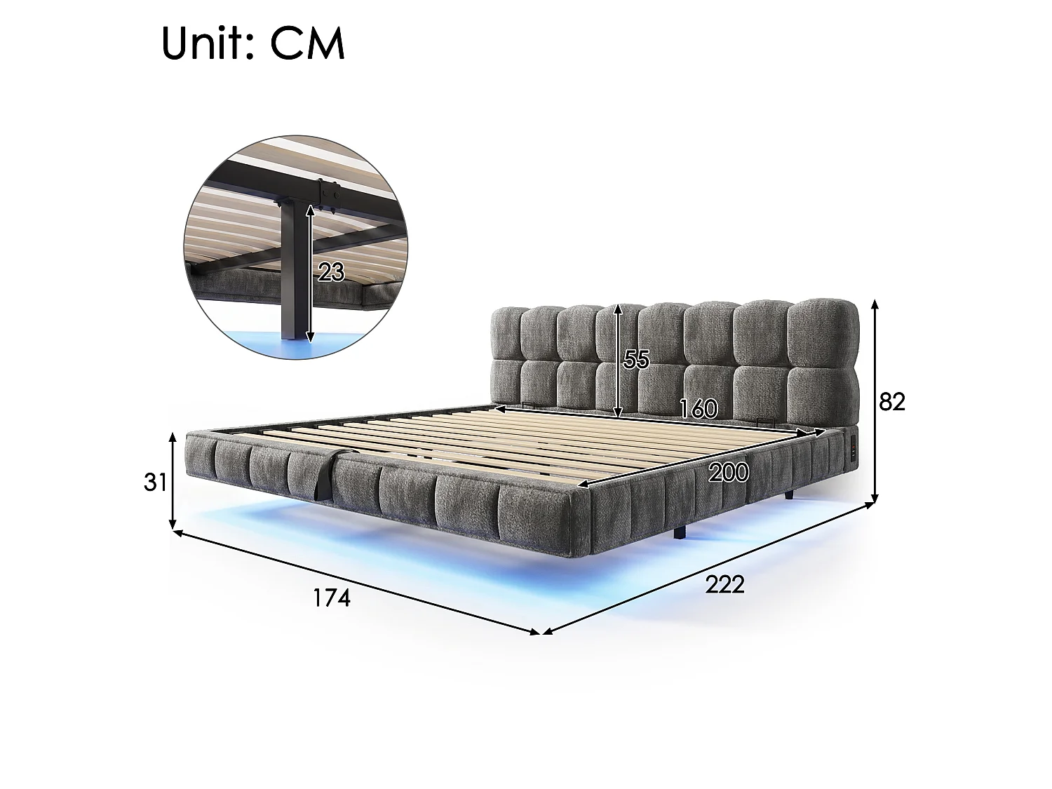 Lit coffre rembourré 160x200cm - avec lumière LED et port USB - design flottant - tissu chenille - Gris (sans matelas)