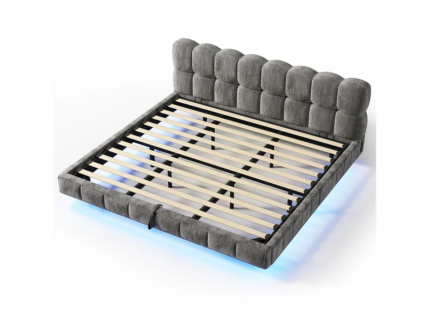 Lit coffre rembourré 160x200cm - avec lumière LED et port USB - design flottant - tissu chenille - Gris (sans matelas)