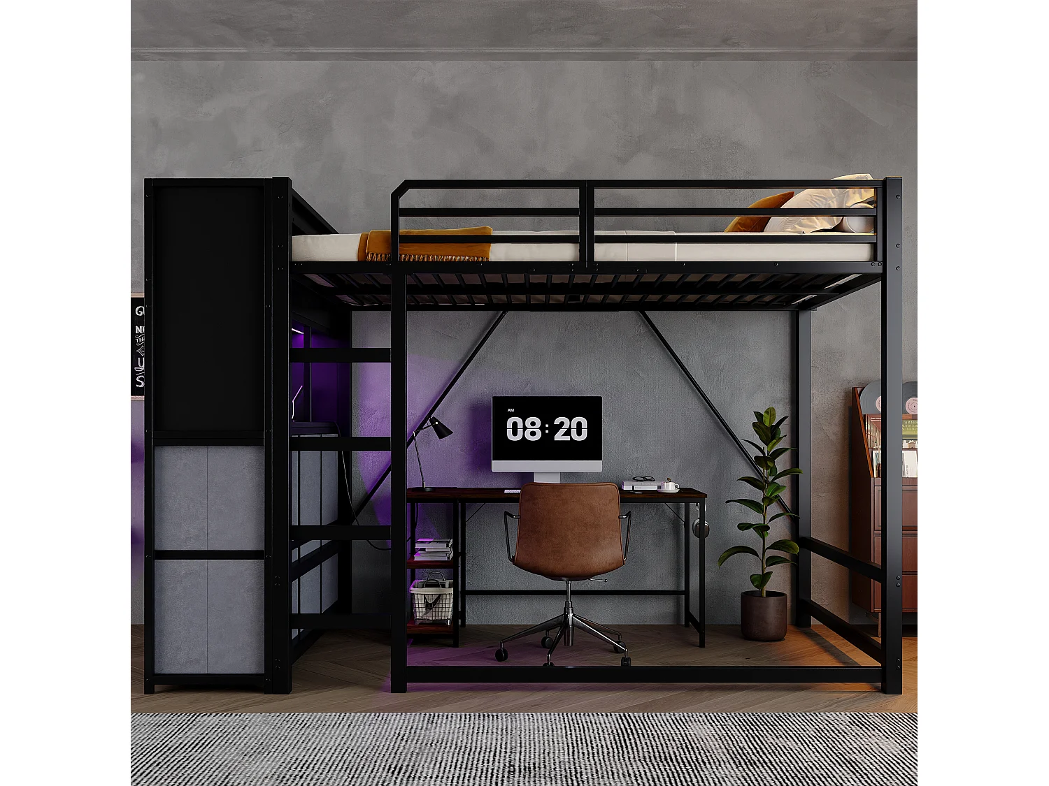 Lit mezzanine 120x200 cm - avec éclairage et prise de recharge - comprend une échelle, des placards latéraux et des tiroirs en tissu - Noir (sans matelas)