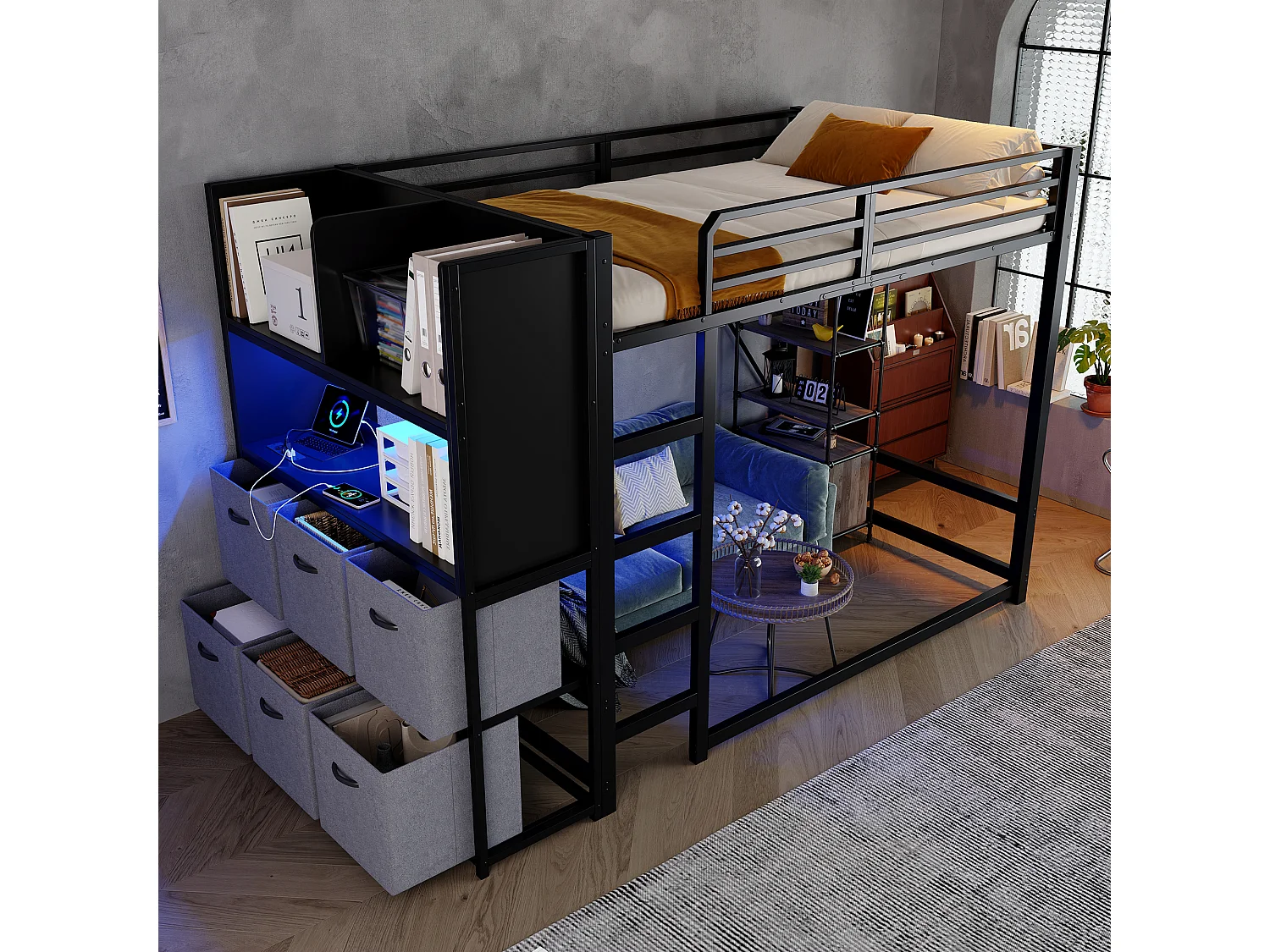 Lit mezzanine 120x200 cm - avec éclairage et prise de recharge - comprend une échelle, des placards latéraux et des tiroirs en tissu - Noir (sans matelas)