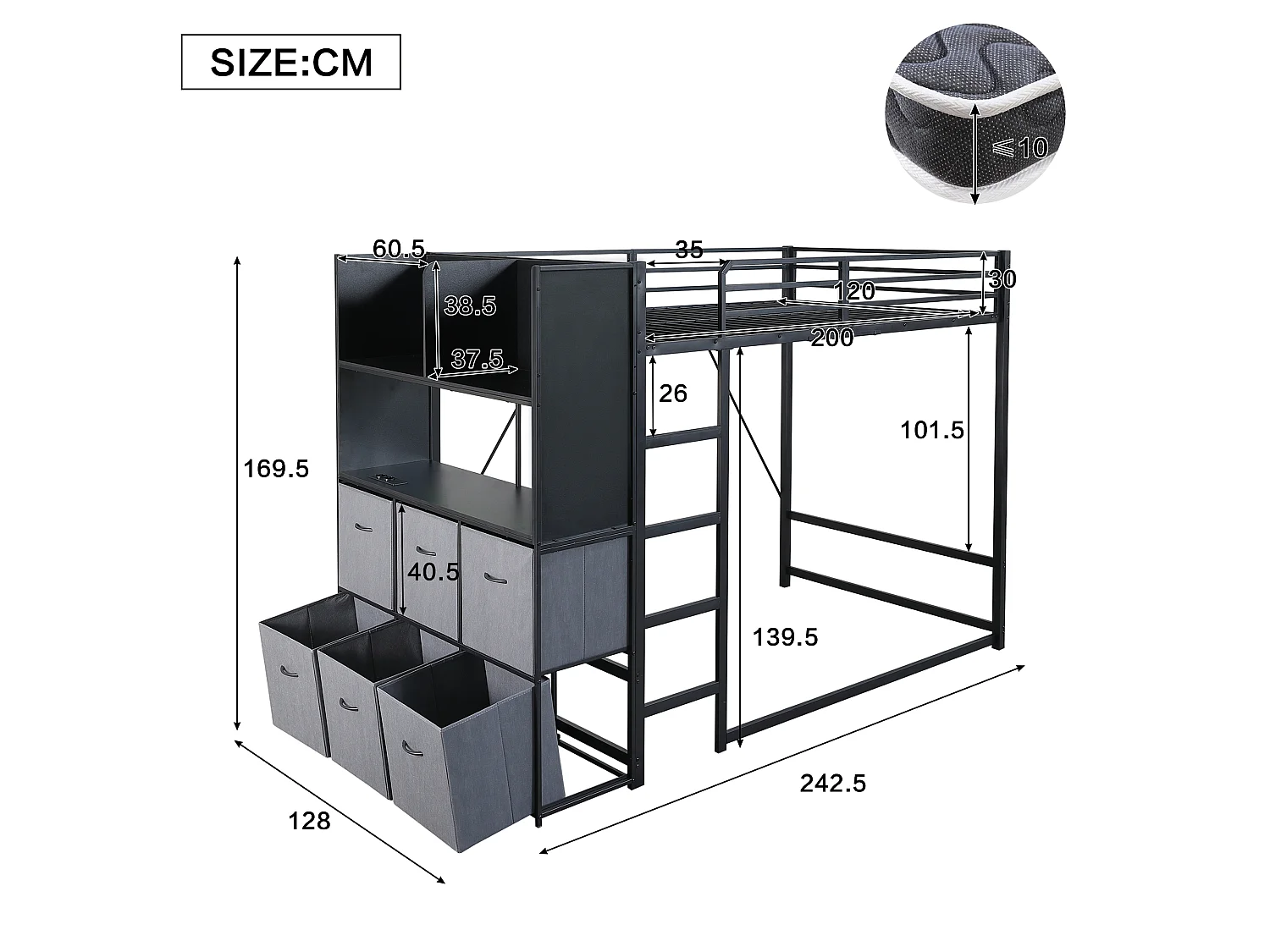Lit mezzanine 120x200 cm - avec éclairage et prise de recharge - comprend une échelle, des placards latéraux et des tiroirs en tissu - Noir (sans matelas)
