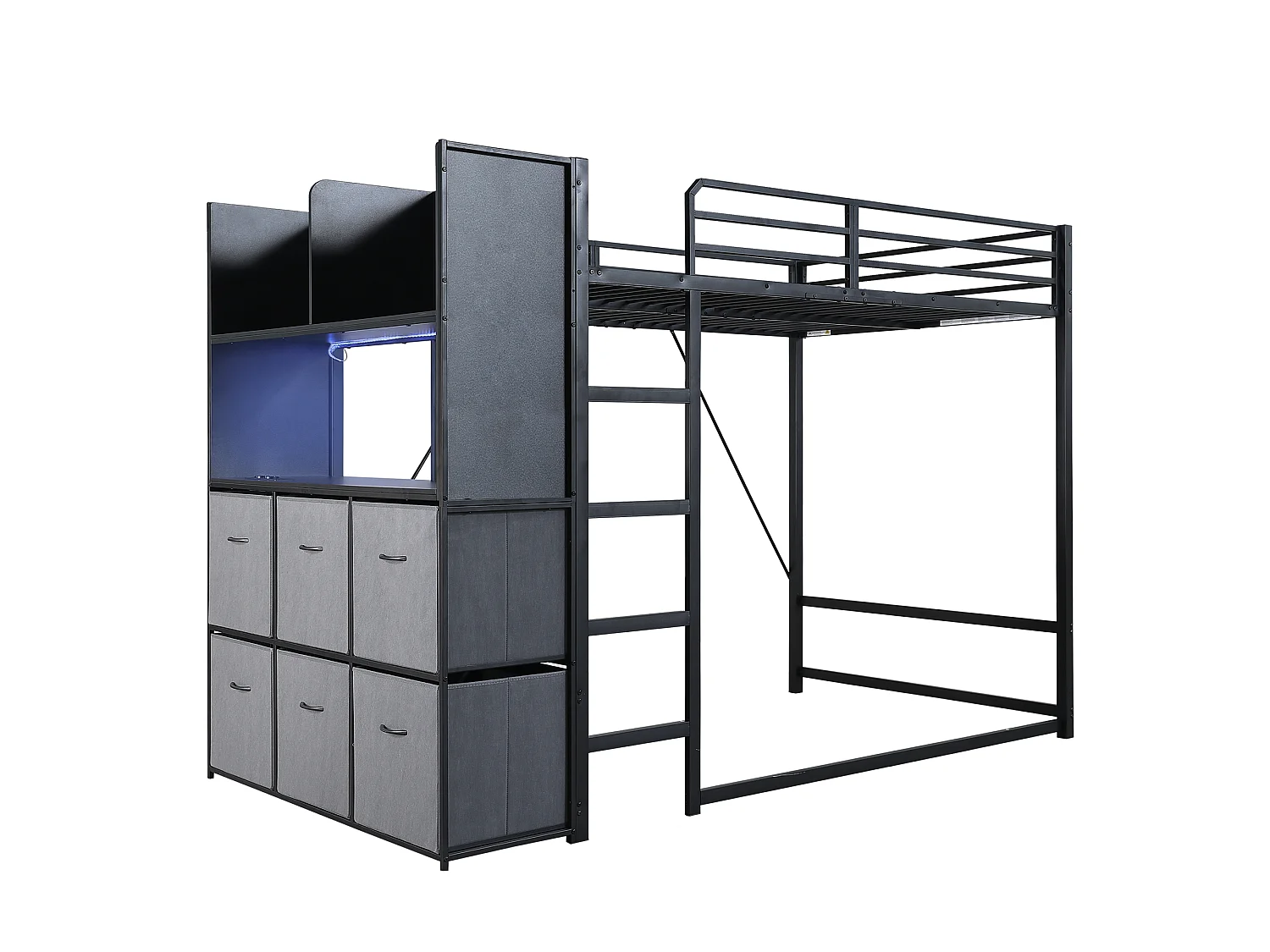 Lit mezzanine 120x200 cm - avec éclairage et prise de recharge - comprend une échelle, des placards latéraux et des tiroirs en tissu - Noir (sans matelas)