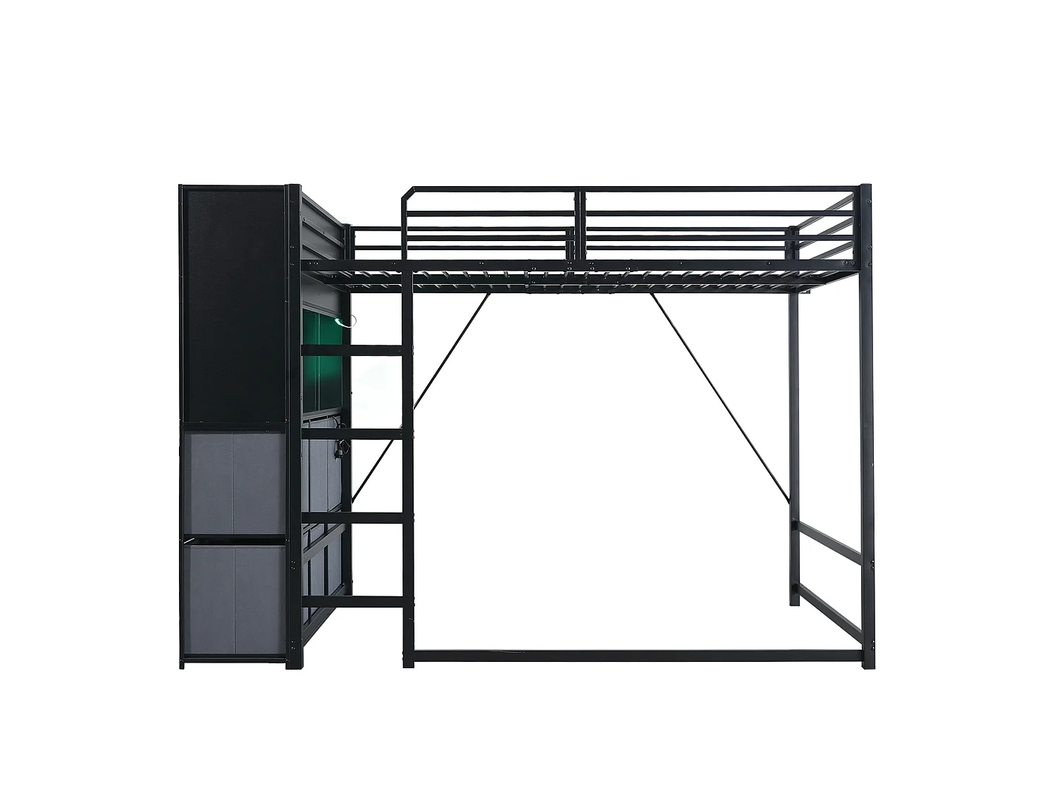 Lit mezzanine 120x200 cm - avec éclairage et prise de recharge - comprend une échelle, des placards latéraux et des tiroirs en tissu - Noir (sans matelas)