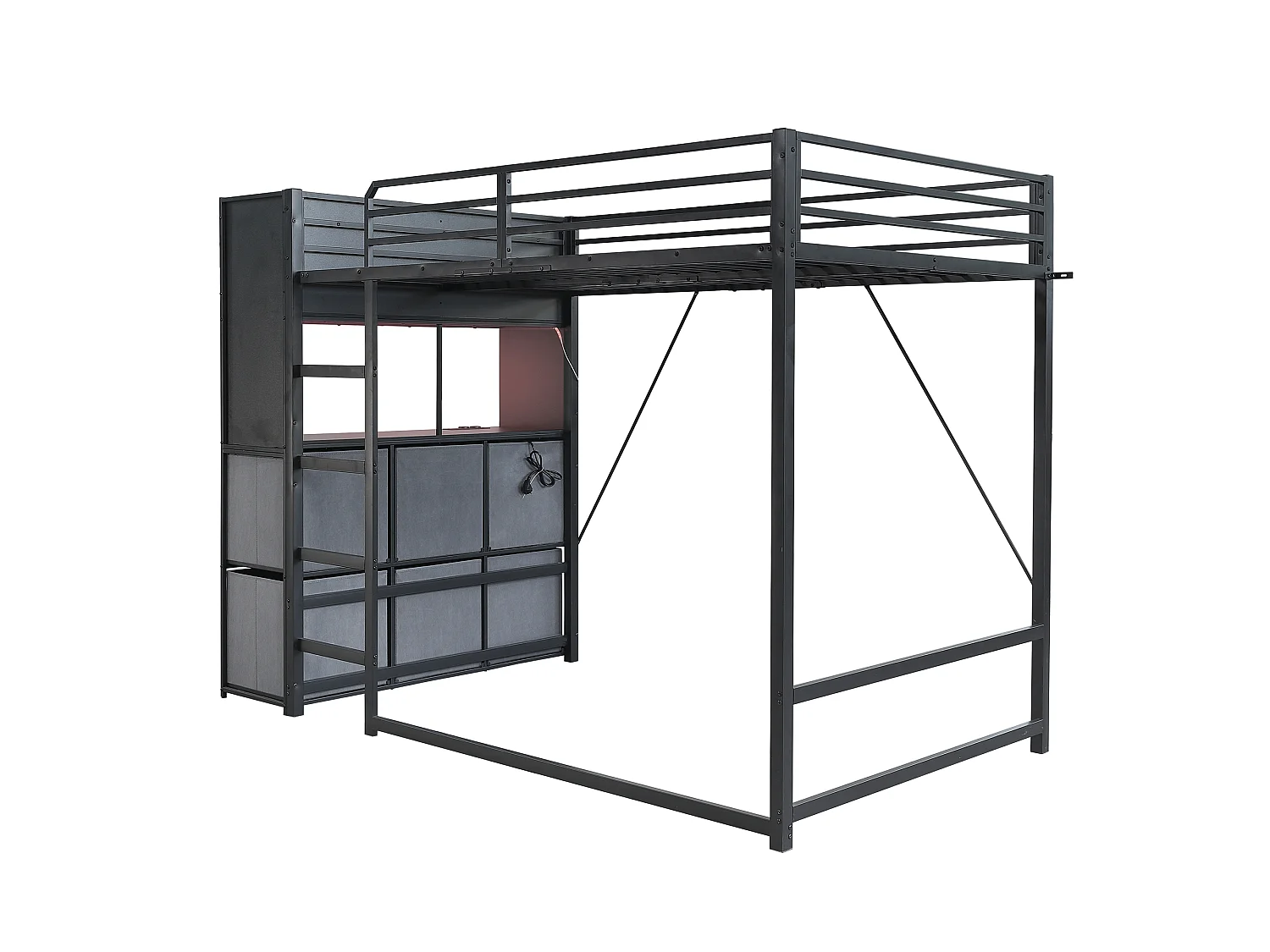 Lit mezzanine 120x200 cm - avec éclairage et prise de recharge - comprend une échelle, des placards latéraux et des tiroirs en tissu - Noir (sans matelas)