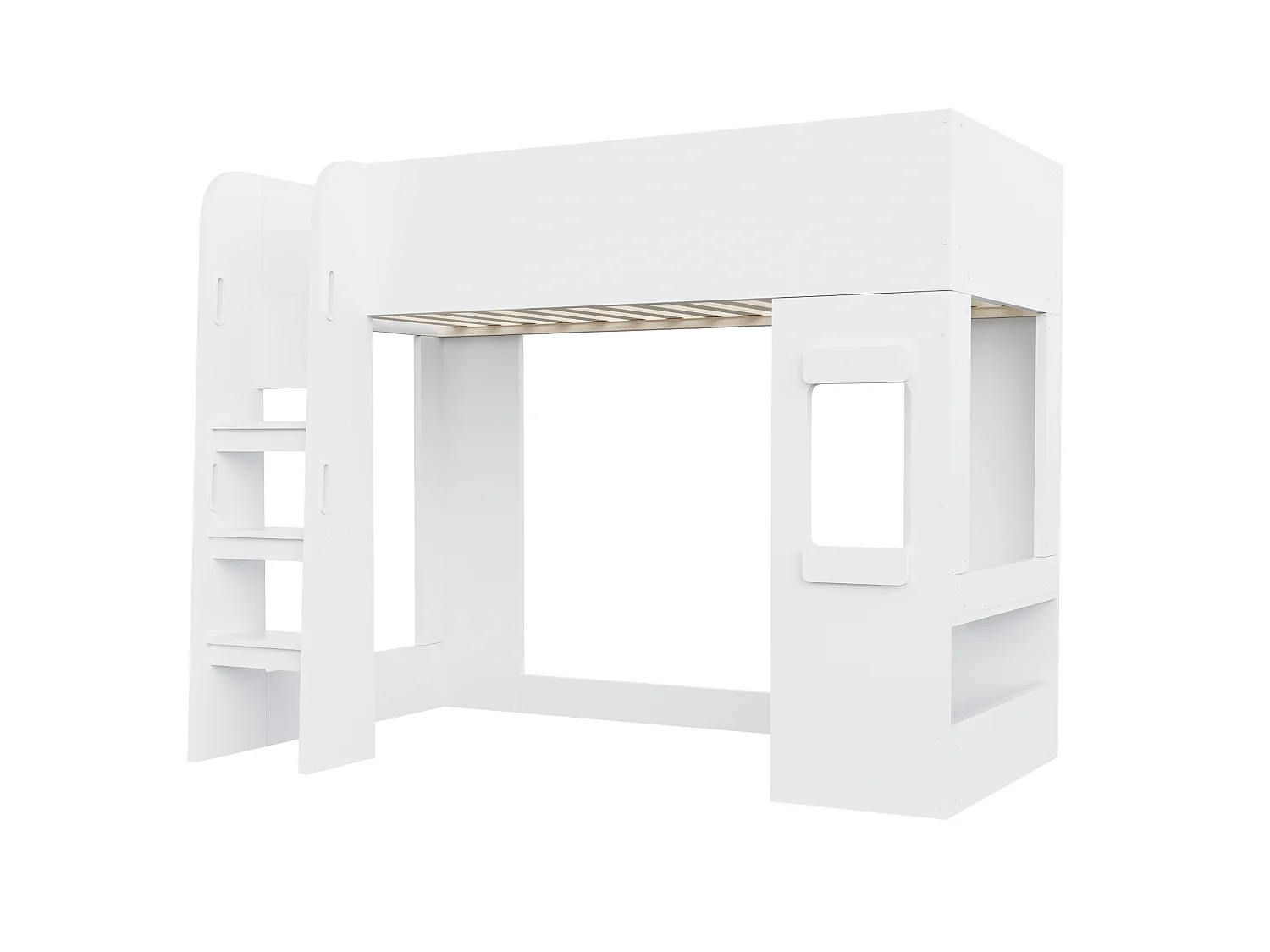 Houten hoogslaper 90×200 cm - met LED-verlichting - met klein bureau - met veiligheidshekken - wit (matras niet inbegrepen)