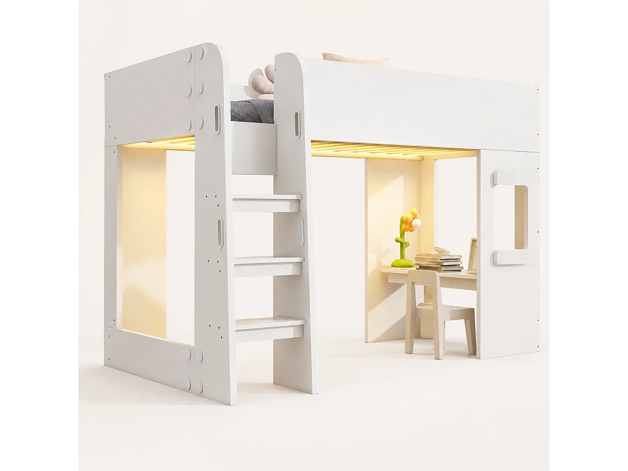 Houten hoogslaper 90×200 cm - met LED-verlichting - met klein bureau - met veiligheidshekken - wit (matras niet inbegrepen)