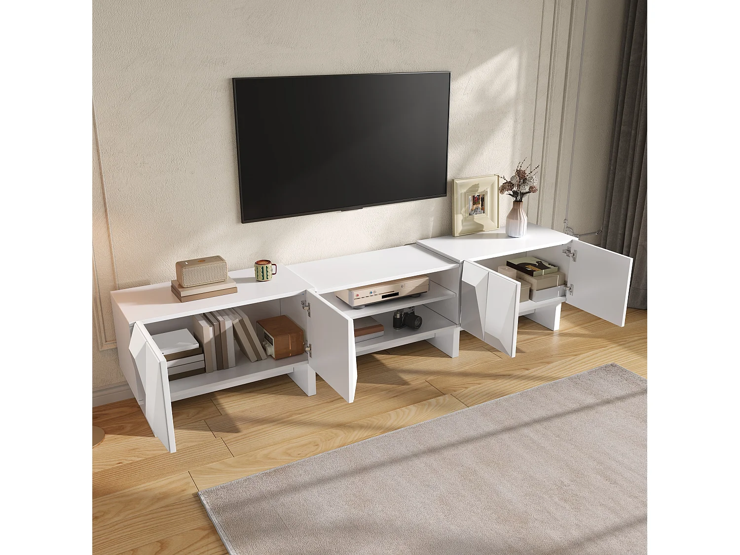 Modernt TV-bänksskåp 180 x 34 x 44,5 cm - 4 dörrar och öppna hyllor - Reliefdesign - Spånskivor - Vit