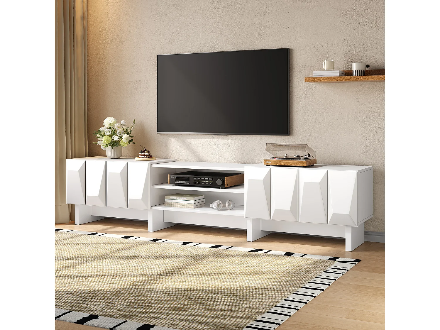 Modernt TV-bänksskåp 180 x 34 x 44,5 cm - 4 dörrar och öppna hyllor - Reliefdesign - Spånskivor - Vit