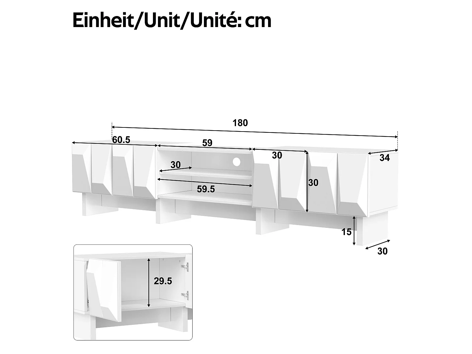 Modernt TV-bänksskåp 180 x 34 x 44,5 cm - 4 dörrar och öppna hyllor - Reliefdesign - Spånskivor - Vit