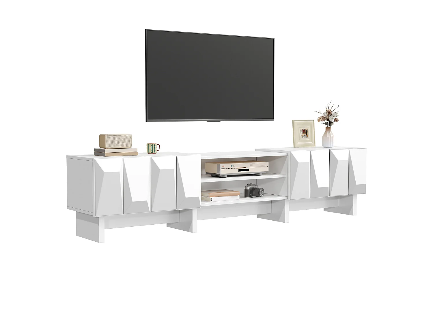 Modernt TV-bänksskåp 180 x 34 x 44,5 cm - 4 dörrar och öppna hyllor - Reliefdesign - Spånskivor - Vit