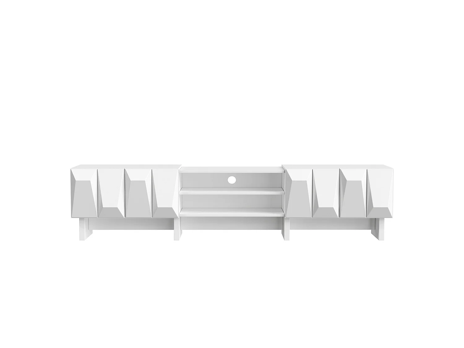 Modernt TV-bänksskåp 180 x 34 x 44,5 cm - 4 dörrar och öppna hyllor - Reliefdesign - Spånskivor - Vit