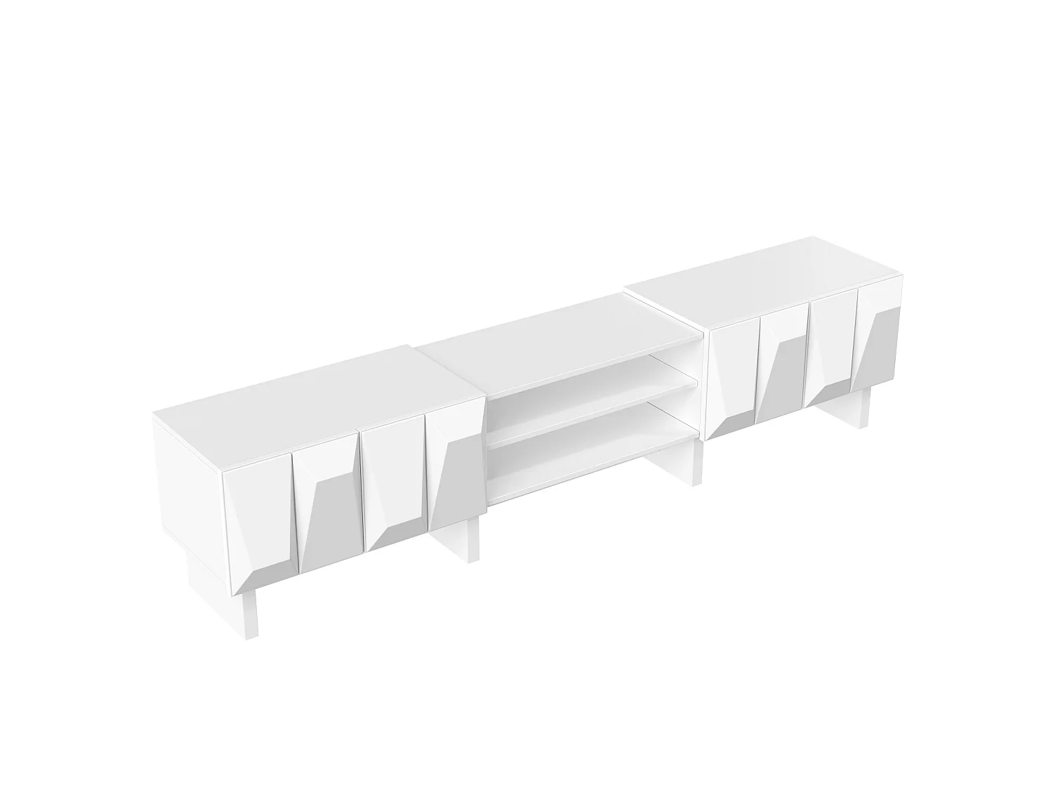 Modernt TV-bänksskåp 180 x 34 x 44,5 cm - 4 dörrar och öppna hyllor - Reliefdesign - Spånskivor - Vit