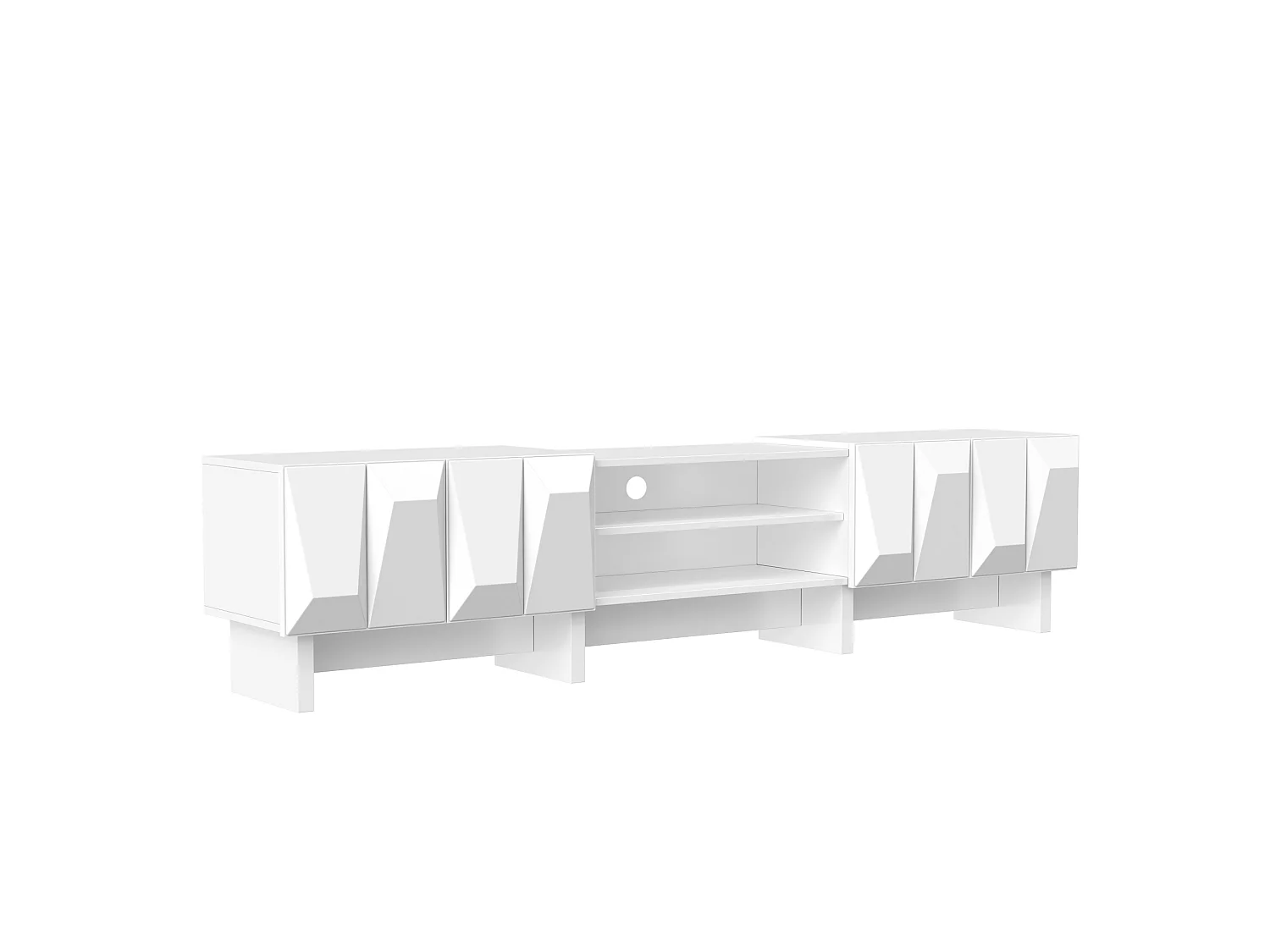 Modernt TV-bänksskåp 180 x 34 x 44,5 cm - 4 dörrar och öppna hyllor - Reliefdesign - Spånskivor - Vit