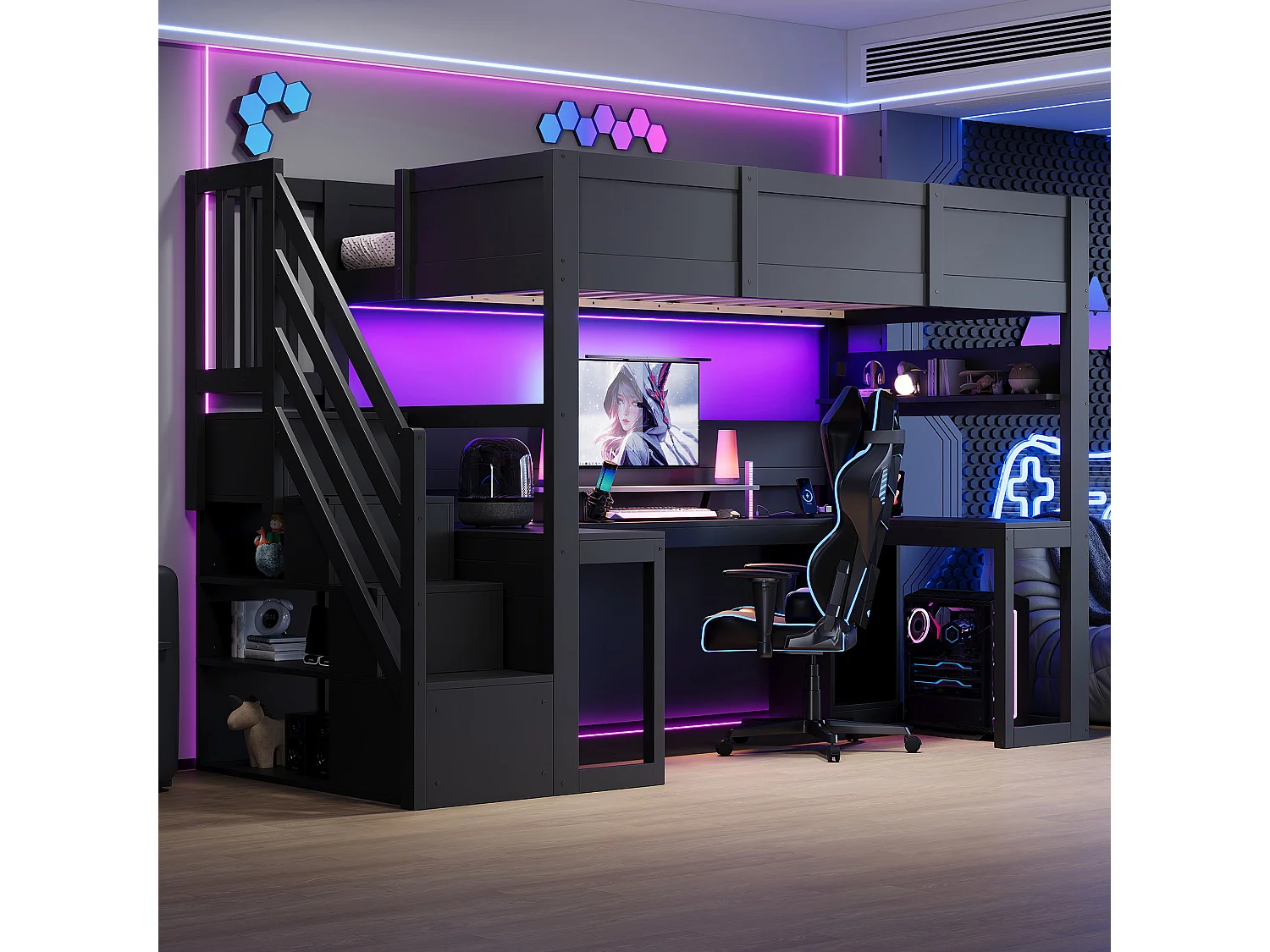 Game-mezzaninebed 90 x 200 cm - Met bureau en opbergladder - LED-strip en USB-poort - Zwart (Matras niet inbegrepen)