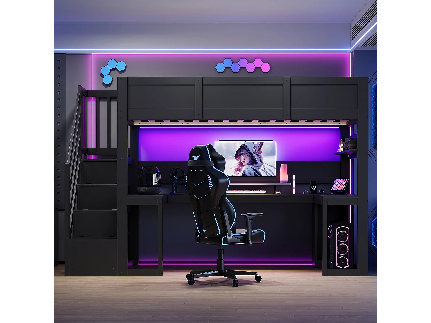 Game-mezzaninebed 90 x 200 cm - Met bureau en opbergladder - LED-strip en USB-poort - Zwart (Matras niet inbegrepen)