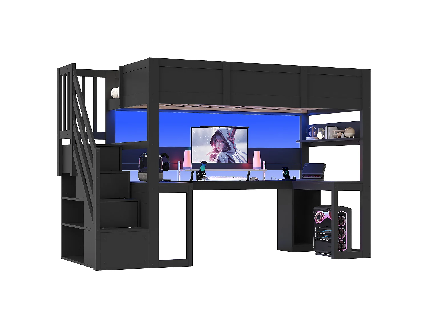 Game-mezzaninebed 90 x 200 cm - Met bureau en opbergladder - LED-strip en USB-poort - Zwart (Matras niet inbegrepen)