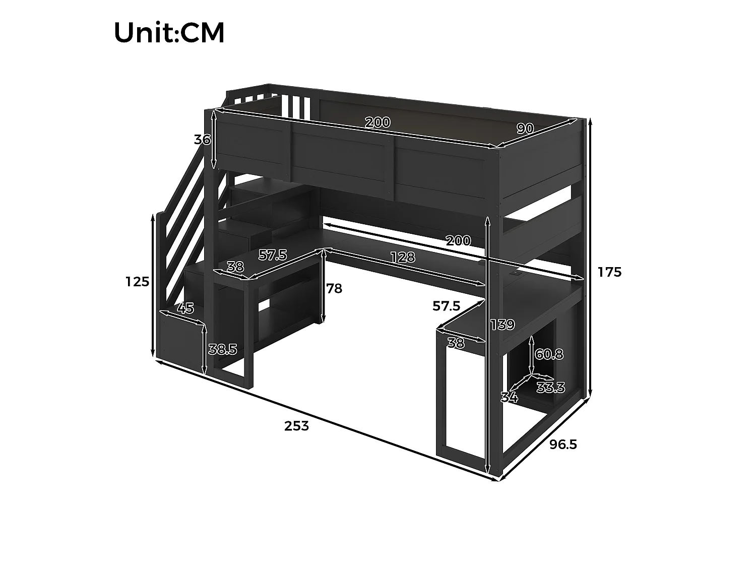Game-mezzaninebed 90 x 200 cm - Met bureau en opbergladder - LED-strip en USB-poort - Zwart (Matras niet inbegrepen)