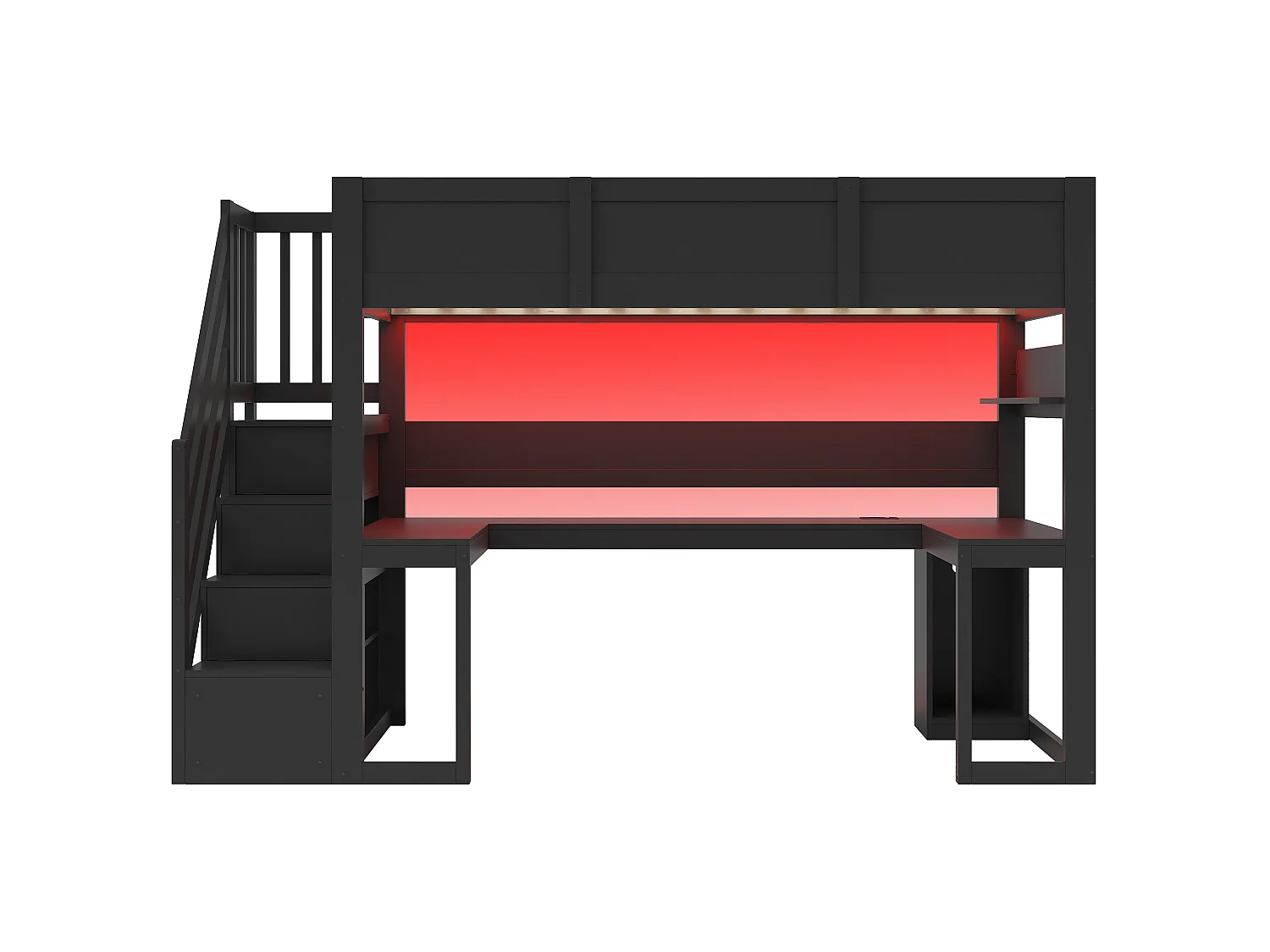 Game-mezzaninebed 90 x 200 cm - Met bureau en opbergladder - LED-strip en USB-poort - Zwart (Matras niet inbegrepen)
