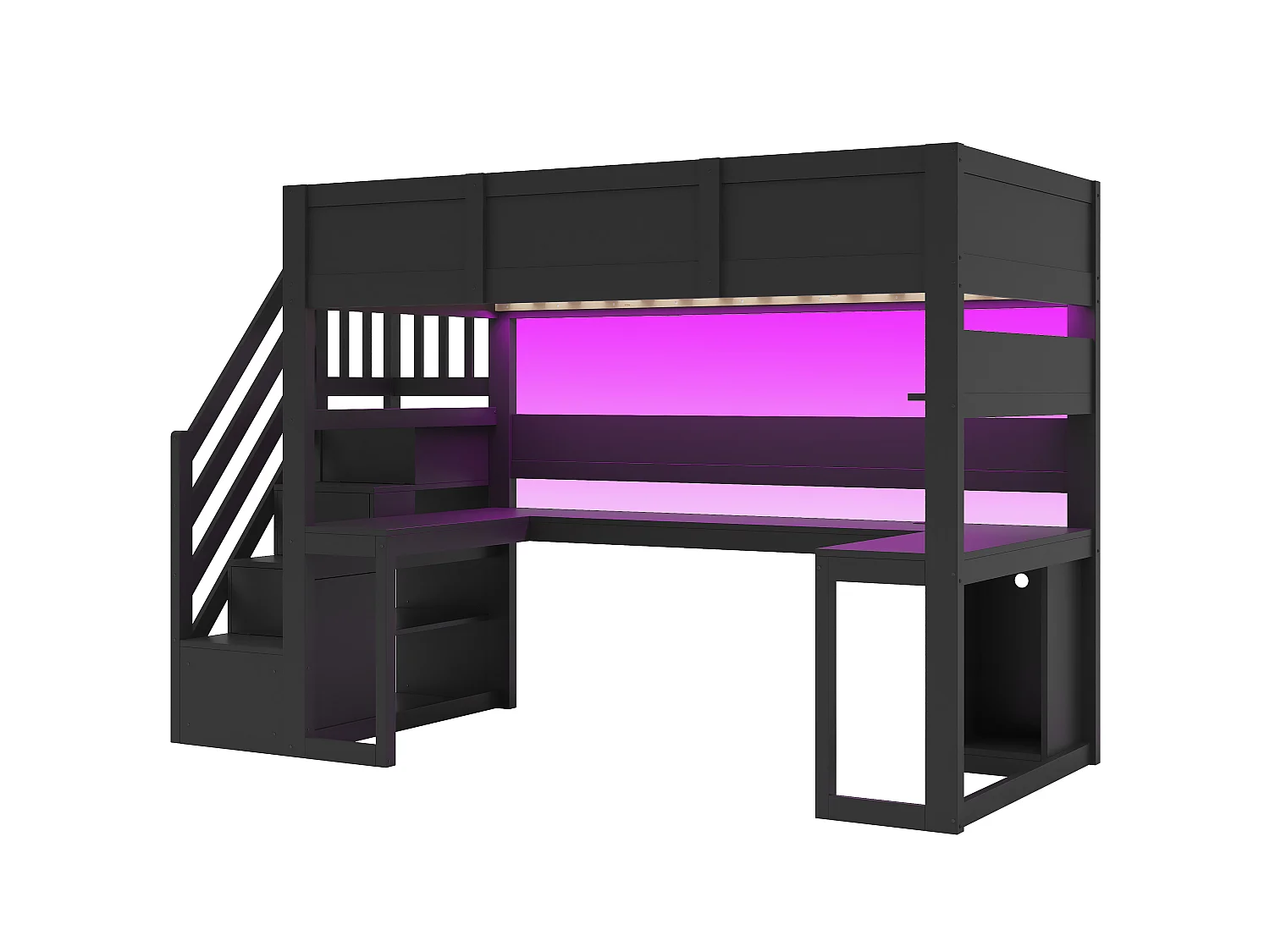 Game-mezzaninebed 90 x 200 cm - Met bureau en opbergladder - LED-strip en USB-poort - Zwart (Matras niet inbegrepen)
