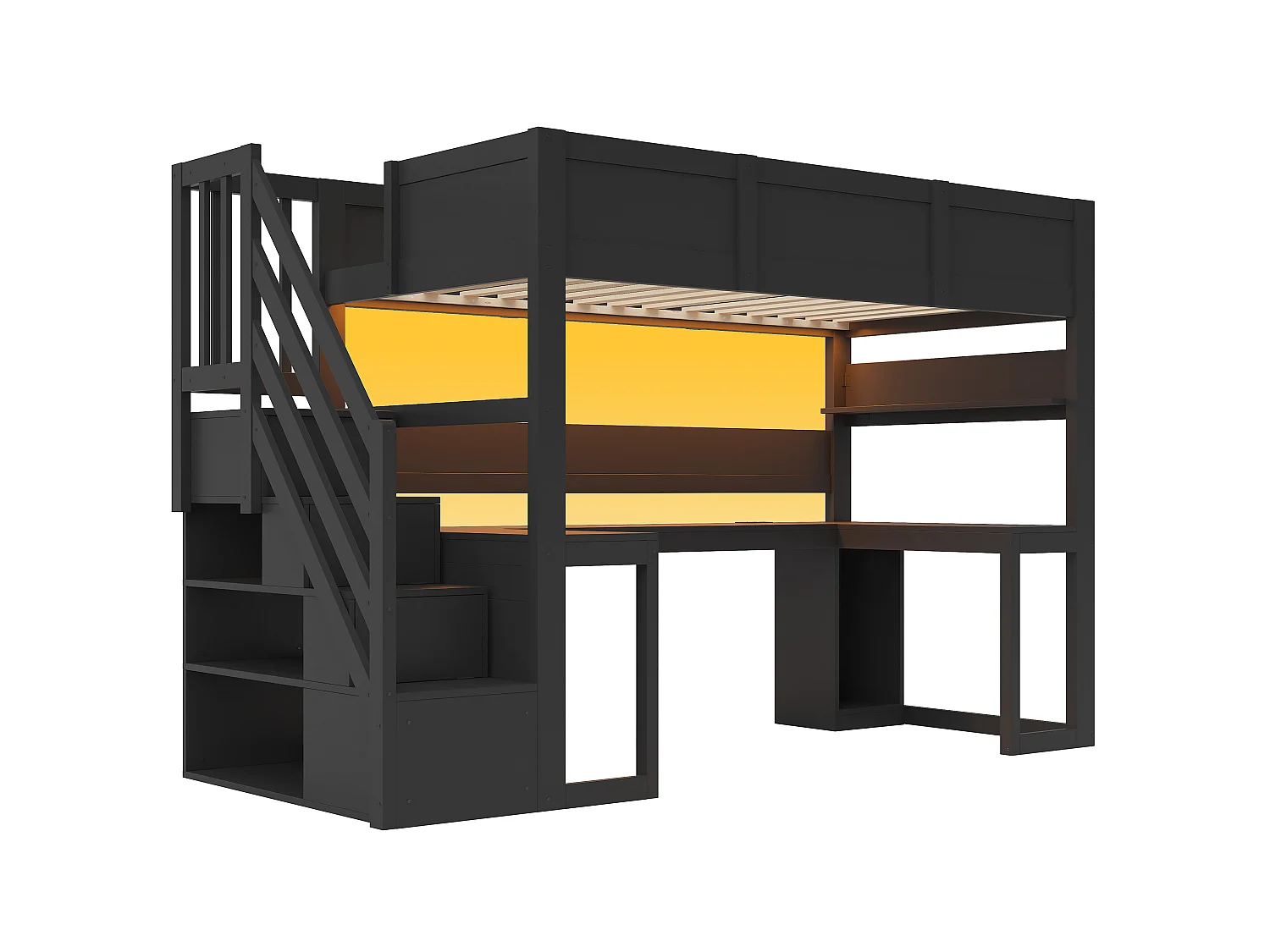 Game-mezzaninebed 90 x 200 cm - Met bureau en opbergladder - LED-strip en USB-poort - Zwart (Matras niet inbegrepen)