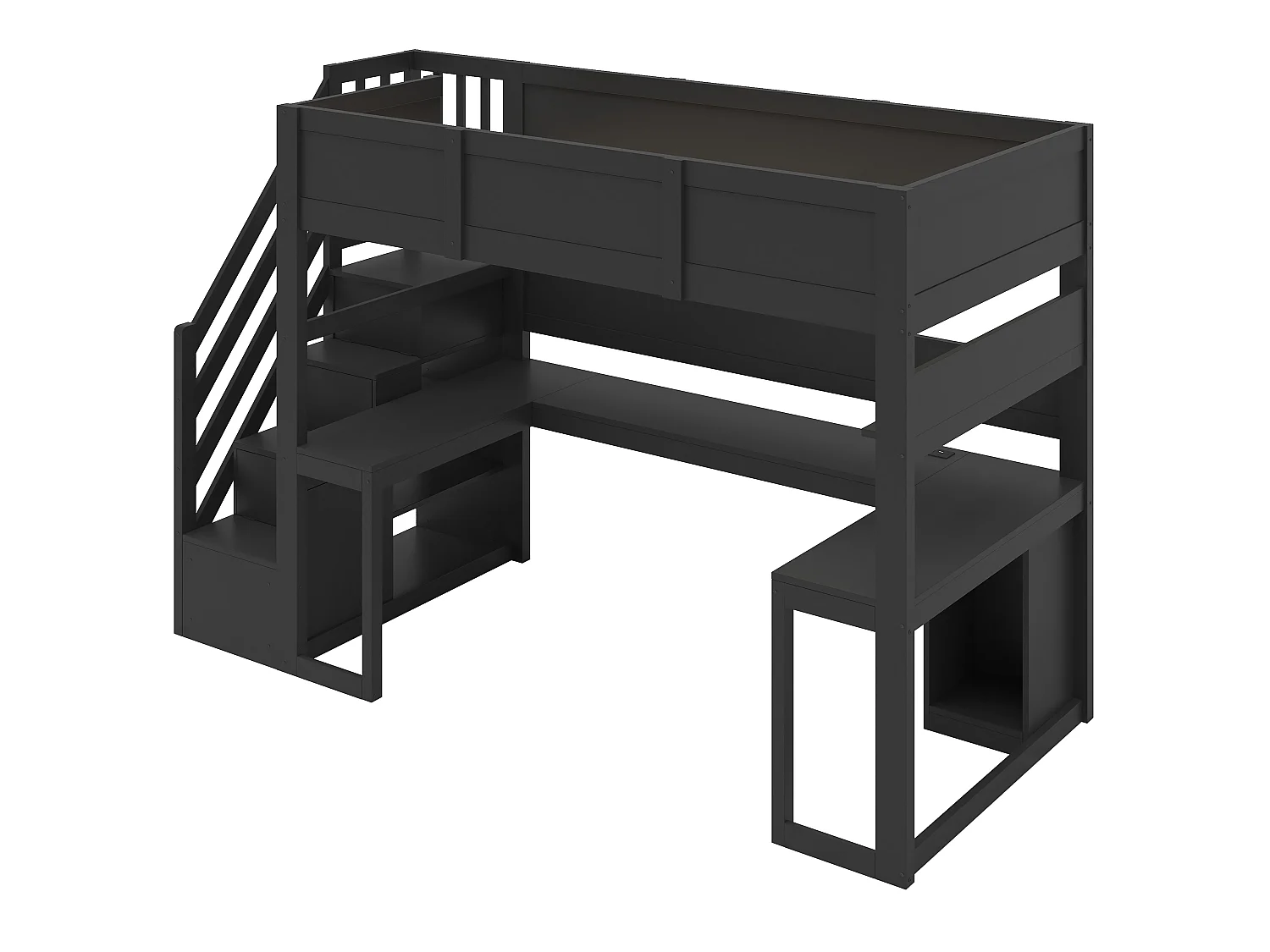 Game-mezzaninebed 90 x 200 cm - Met bureau en opbergladder - LED-strip en USB-poort - Zwart (Matras niet inbegrepen)