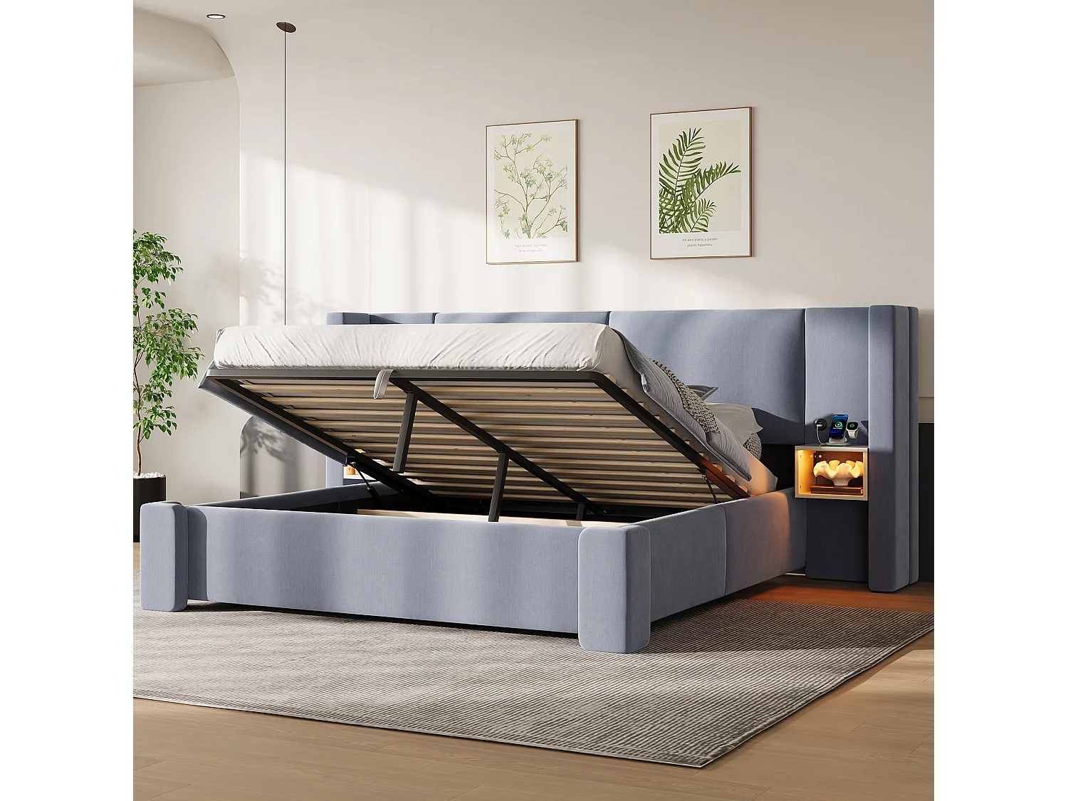 Gestoffeerd opbergbed 180x200cm in linnen - Met LED-verlichting, opbergruimte en hydraulisch hefsysteem - Grijs (Matras niet inbegrepen)