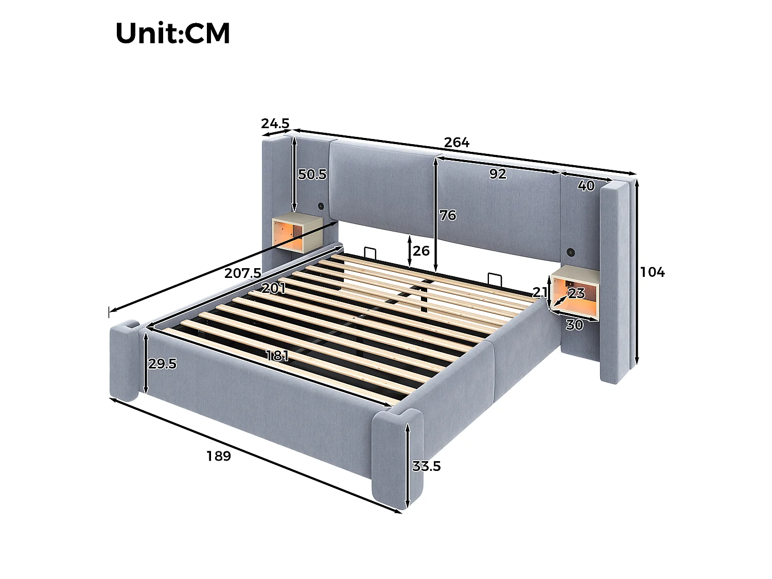 Gestoffeerd opbergbed 180x200cm in linnen - Met LED-verlichting, opbergruimte en hydraulisch hefsysteem - Grijs (Matras niet inbegrepen)