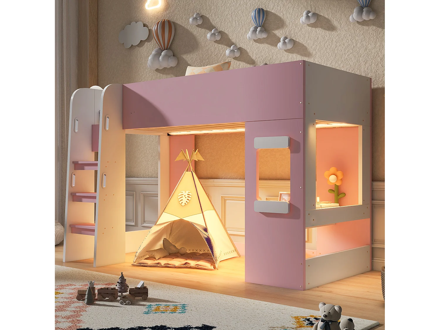 Lit mezzanine en bois 90×200 cm - avec éclairage LED - avec petit bureau - avec barrières de sécurité - rose (matelas non inclus)