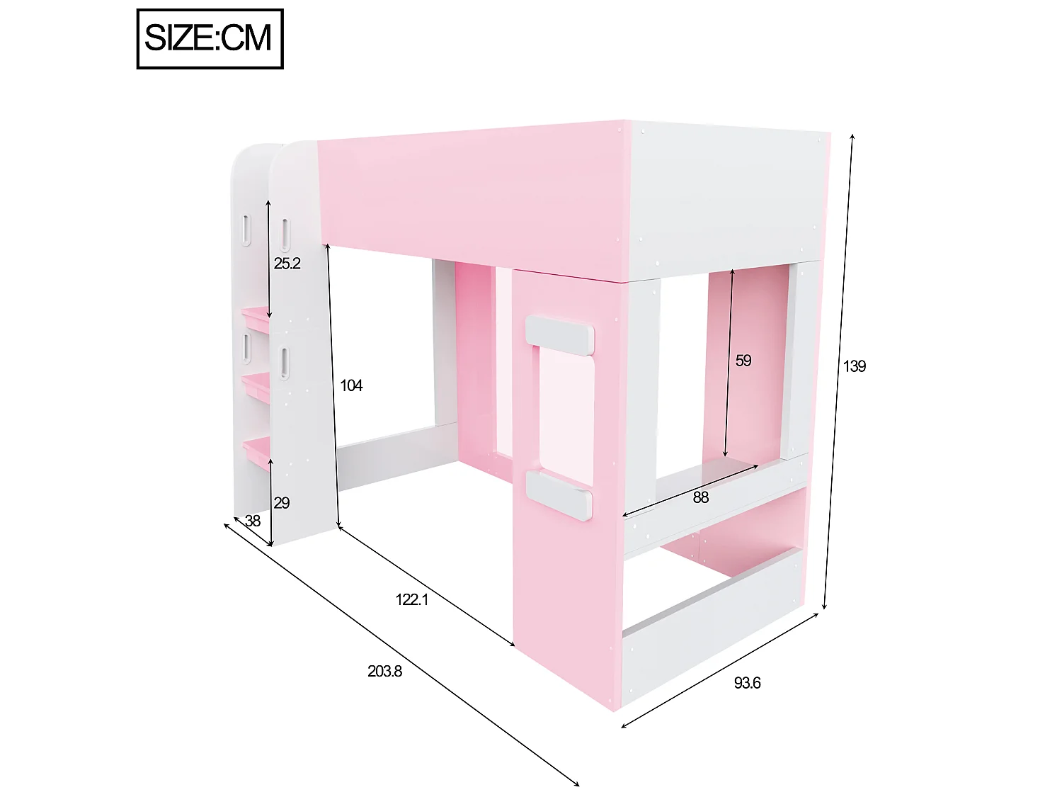 Lit mezzanine en bois 90×200 cm - avec éclairage LED - avec petit bureau - avec barrières de sécurité - rose (matelas non inclus)