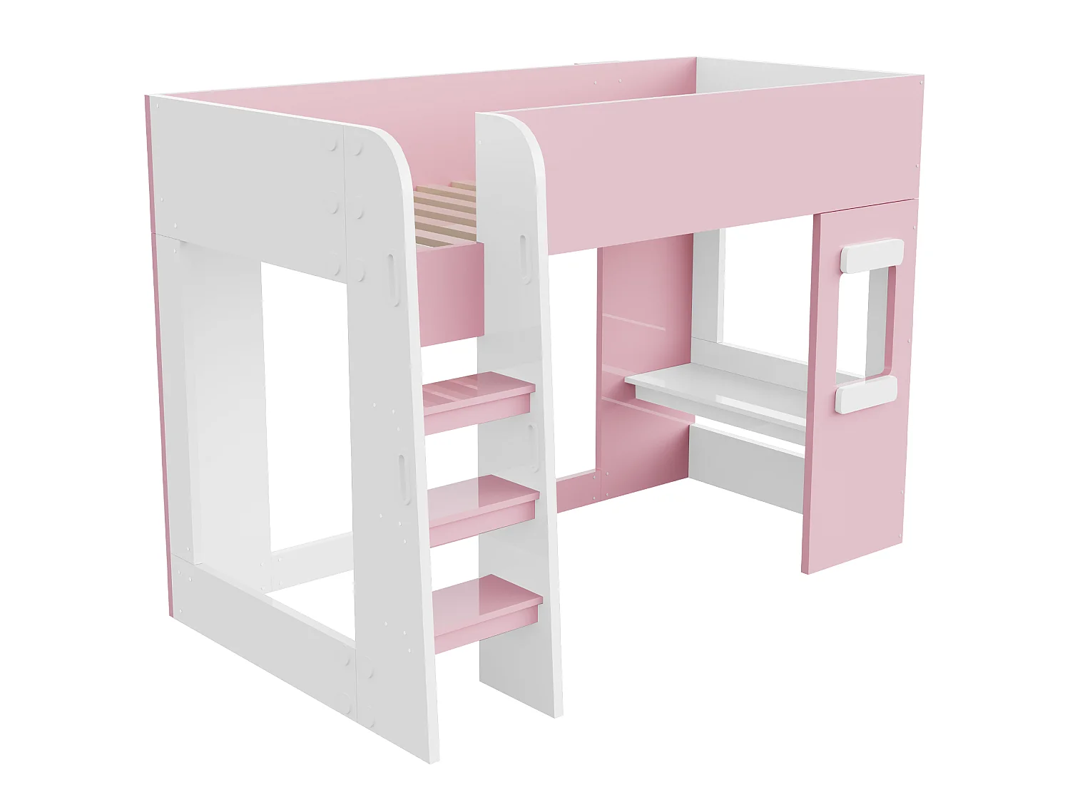 Lit mezzanine en bois 90×200 cm - avec éclairage LED - avec petit bureau - avec barrières de sécurité - rose (matelas non inclus)