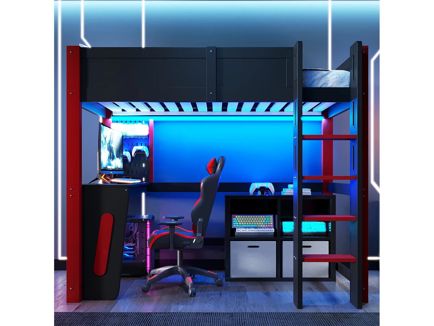 Lit mezzanine 90 x 200 cm - avec table - avec étagère murale - avec éclairage LED - noir (matelas non inclus)