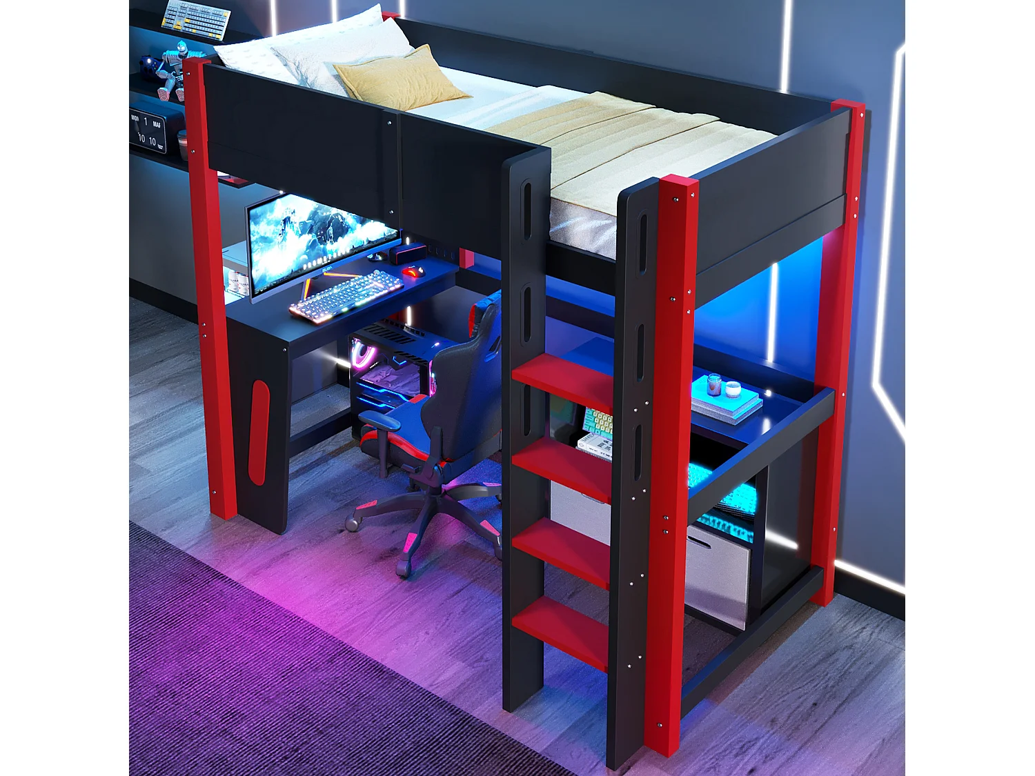 Lit mezzanine 90 x 200 cm - avec table - avec étagère murale - avec éclairage LED - noir (matelas non inclus)